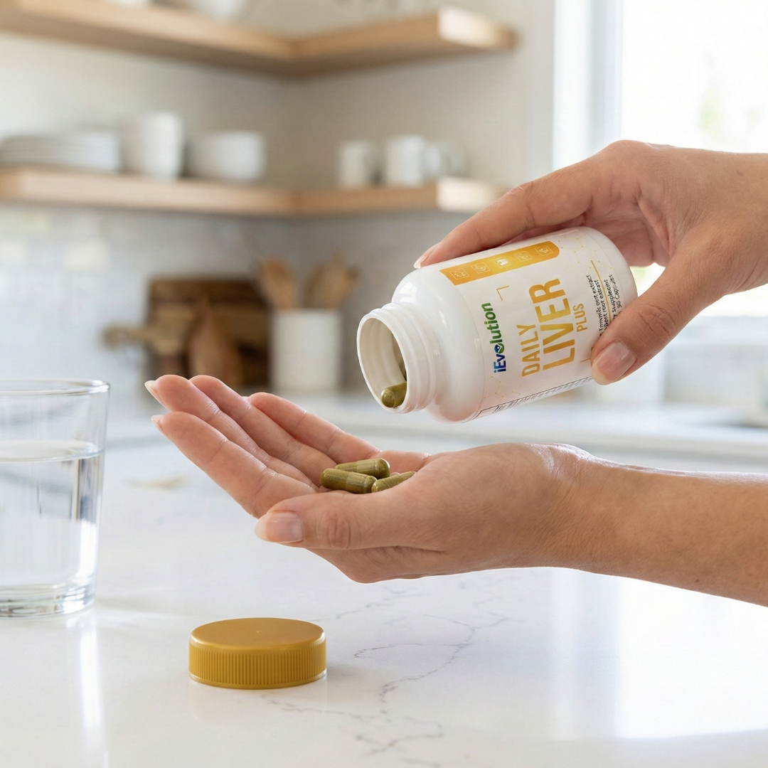 Daily Liver Plus - Hands pouring natural liver support capsules from bottle