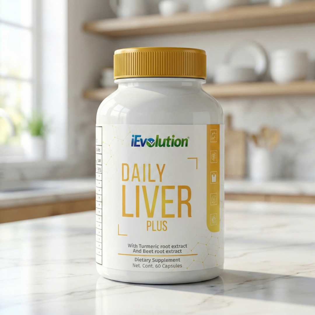 Daily Liver Plus by iEvolution, 60 capsules with turmeric root extract and beet root extract, on a marble kitchen counter