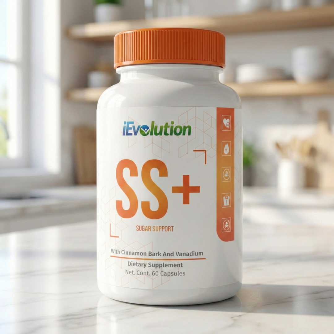 SS+ Sugar Support bottle with cinnamon bark and vanadium, 60 capsules, on a marble kitchen counter