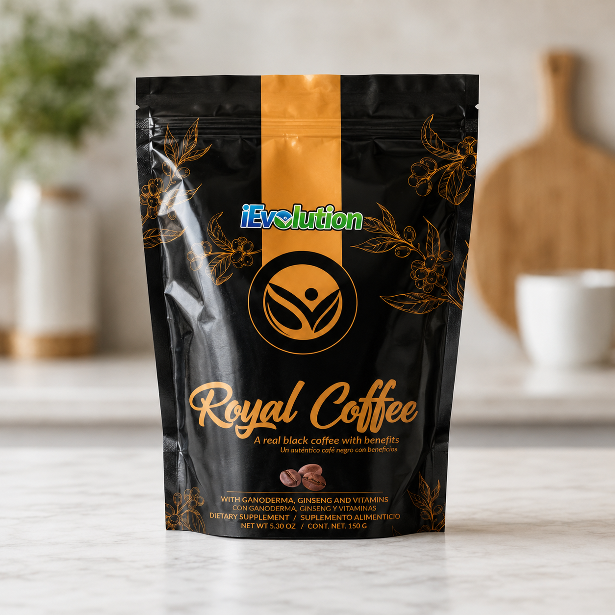Royal Coffee Black by iEvolution, 150 g resealable bag of functional black coffee with Ganoderma, ginseng and vitamins on a kitchen counter