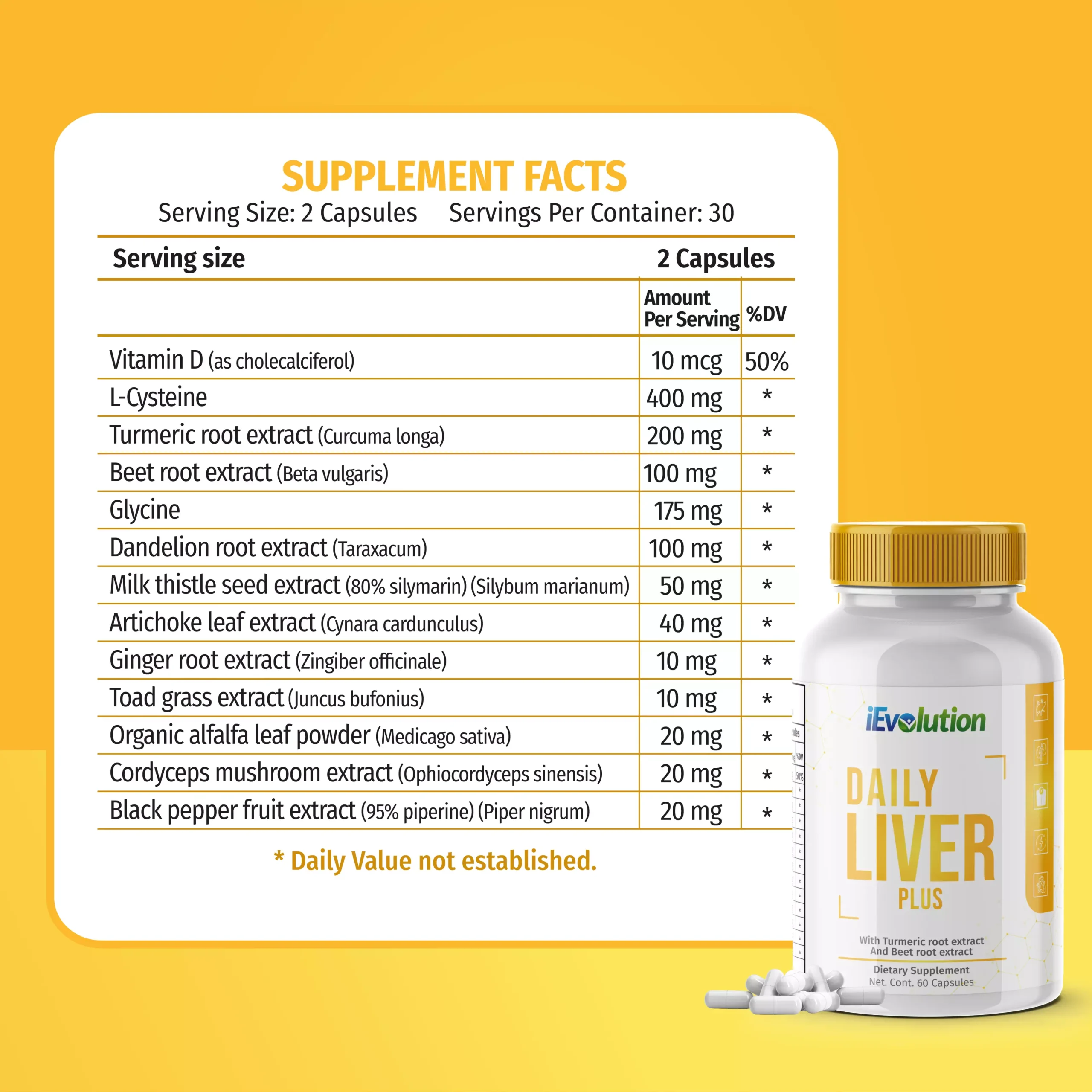Daily Liver Plus supplement facts: serving size 2 capsules, 30 servings, with vitamin D3, L-cysteine 400 mg, turmeric 200 mg, glycine 175 mg, beet root, dandelion root, milk thistle 80% silymarin, artichoke, ginger, toad grass, organic alfalfa, cordyceps and black pepper 95% piperine