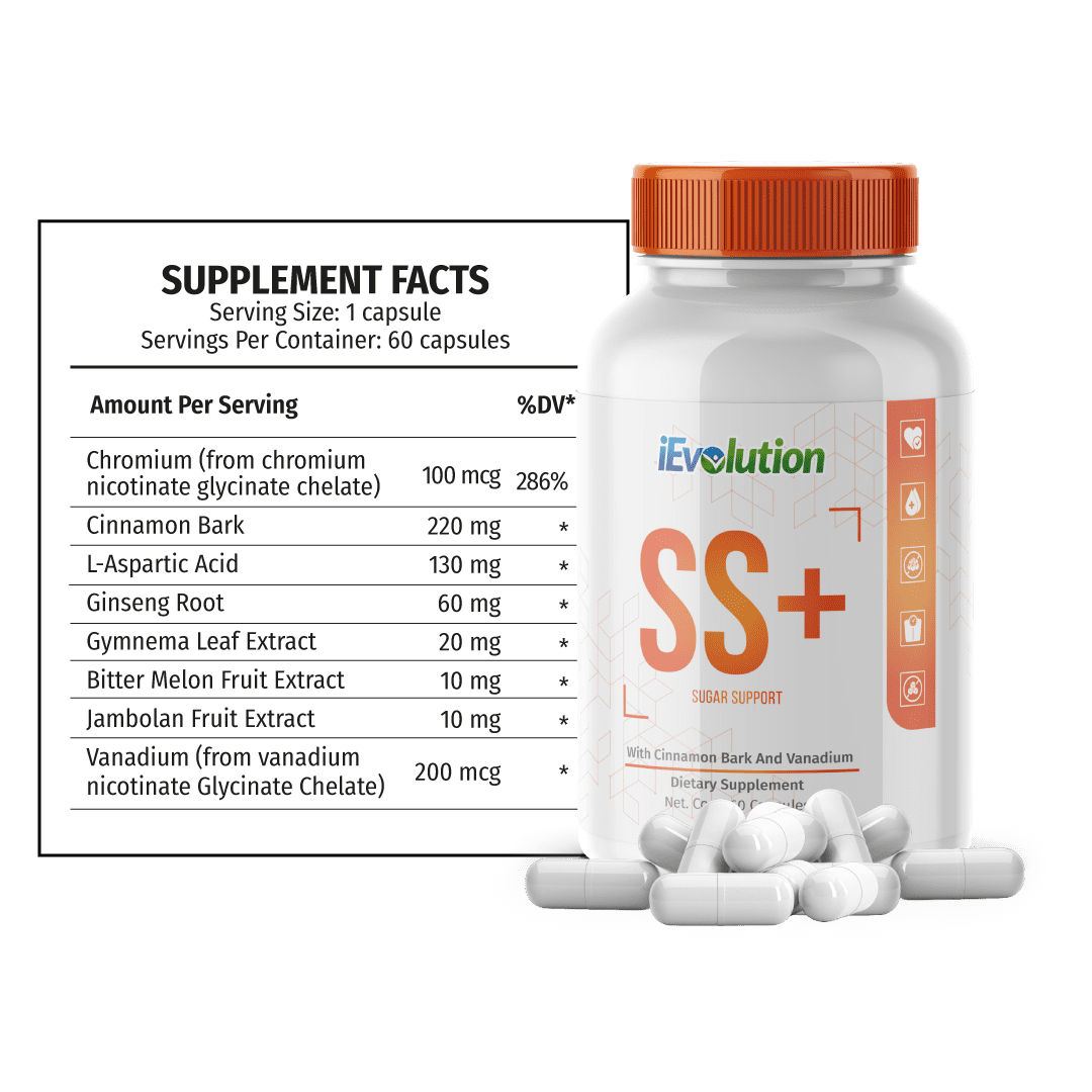 SS+ Supplement Facts per capsule: 100 mcg chromium (286% DV), 220 mg cinnamon bark, 130 mg L-aspartic acid, 60 mg ginseng root, 20 mg Gymnema leaf extract, 10 mg bitter melon extract, 10 mg jambolan extract and 200 mcg vanadium