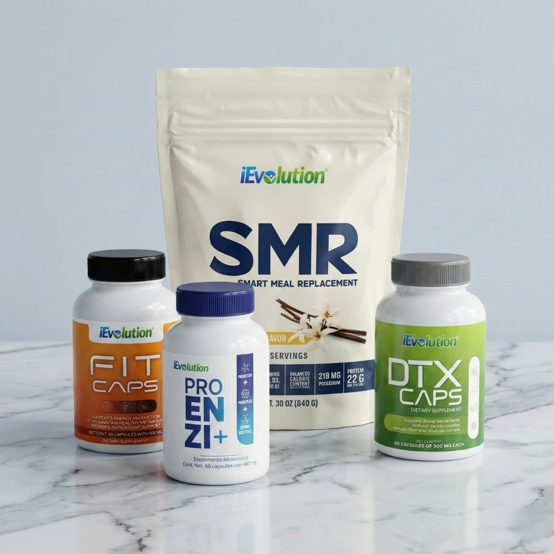 The four products in Nutri Slim Pack: SMR 840 g vanilla shake bag, Fit Caps 60 capsules, DTX Caps 60 capsules and Proenzi+ 60 capsules