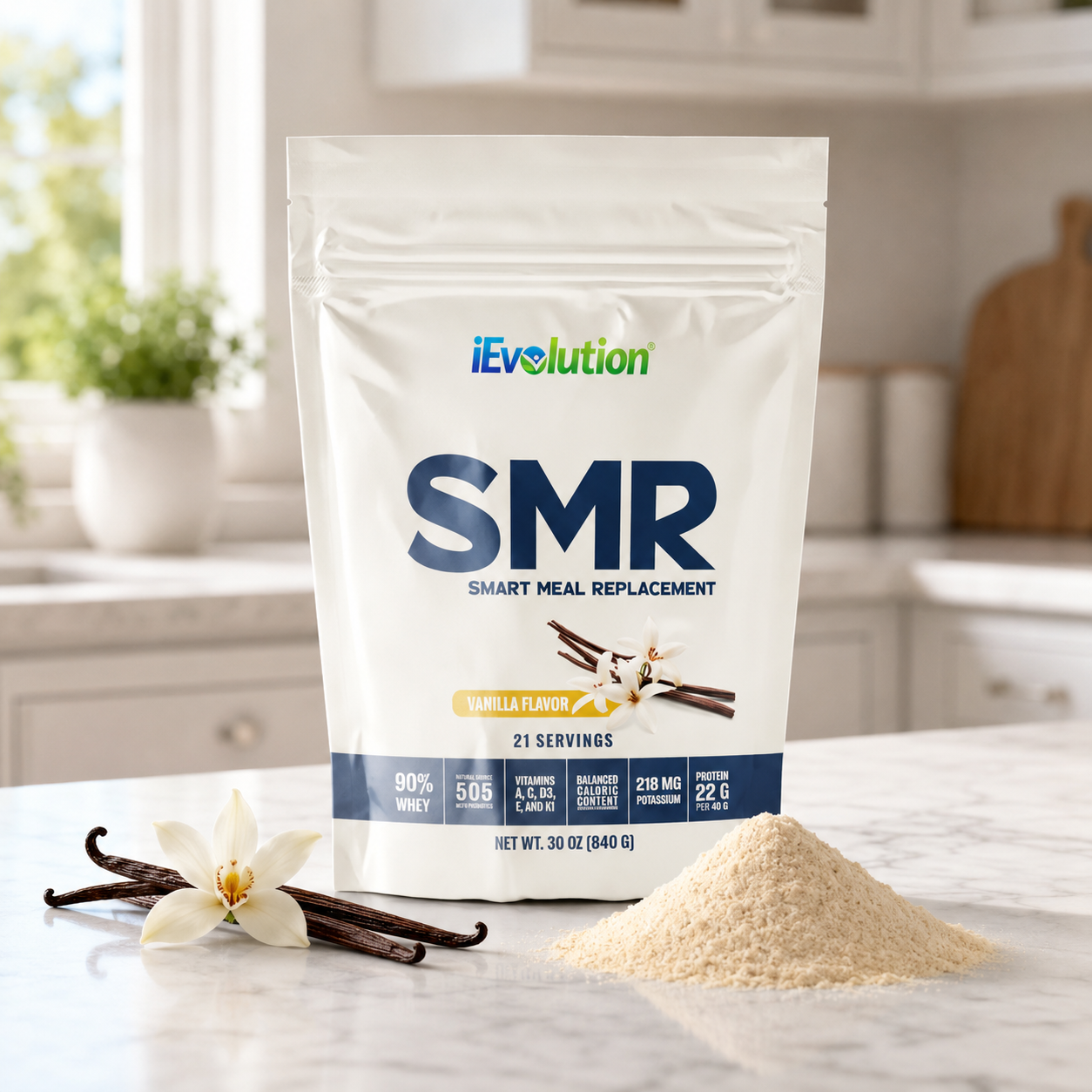 SMR Smart Meal Replacement vanilla flavor, 30 oz bag with 21 servings, on a white kitchen counter with vanilla pods