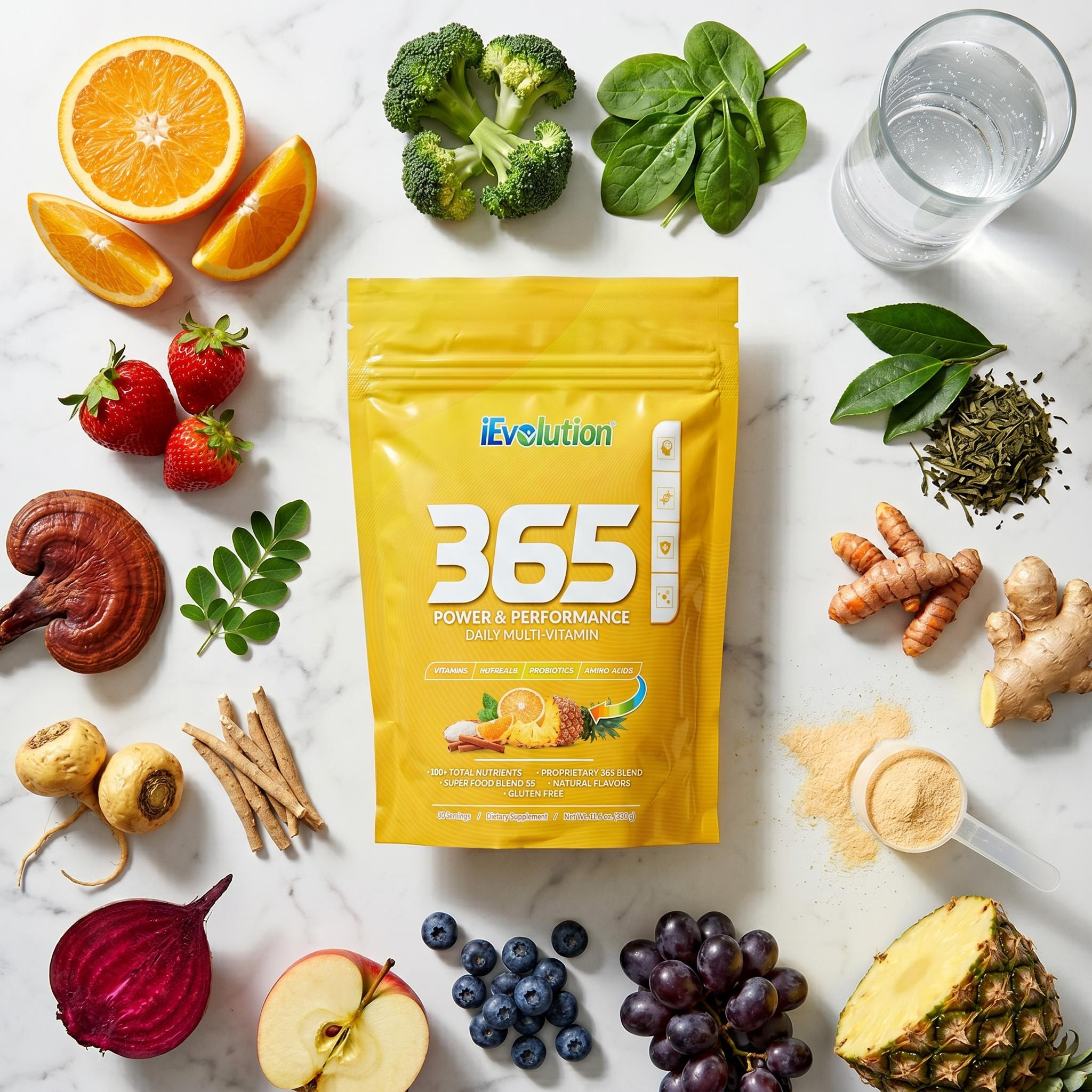 Top-down flat-lay of iEvolution 365 surrounded by fresh fruits, vegetables, super-foods, mushrooms and adaptogens on white marble