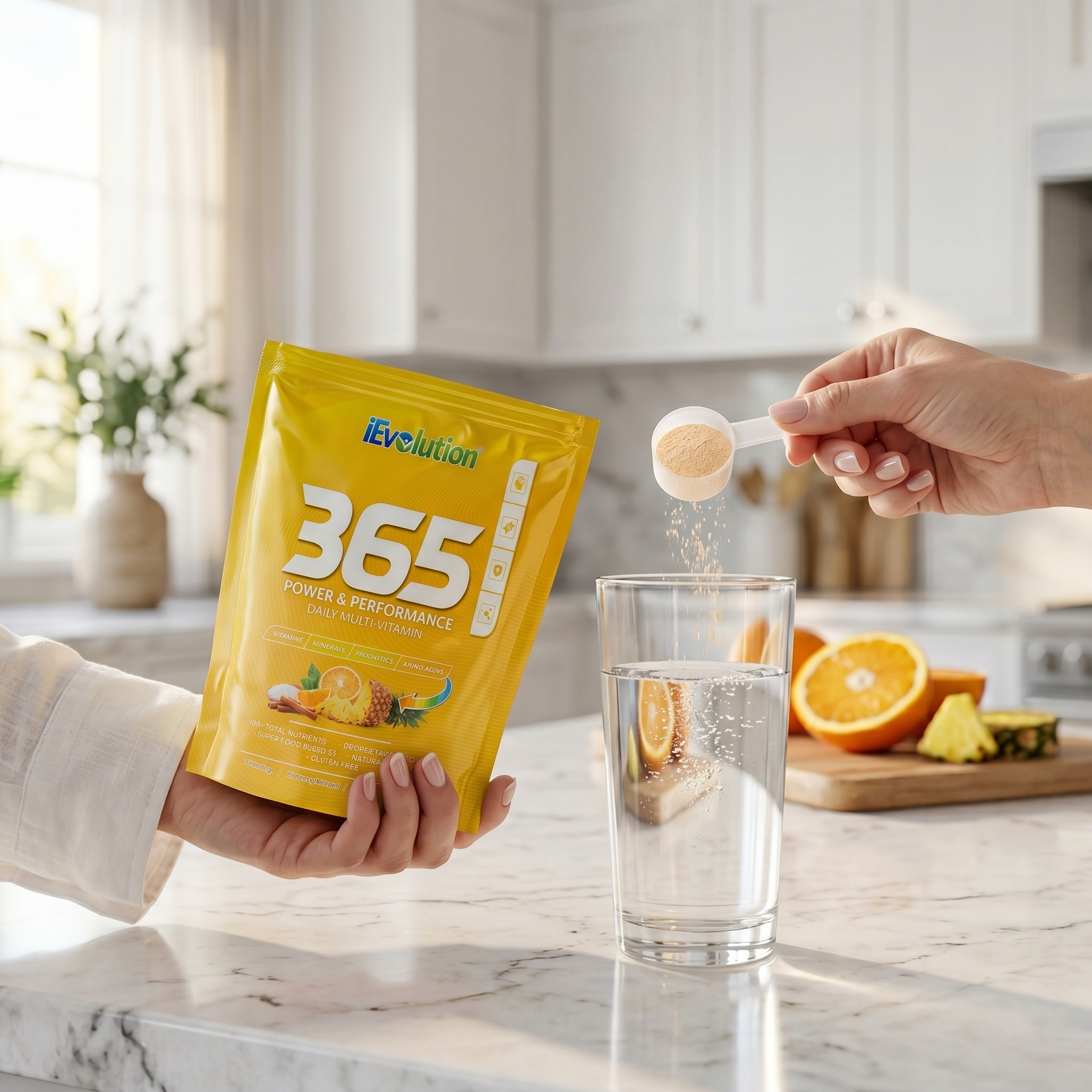 Hands holding the iEvolution 365 bag while a measuring scoop pours powder into a glass of water