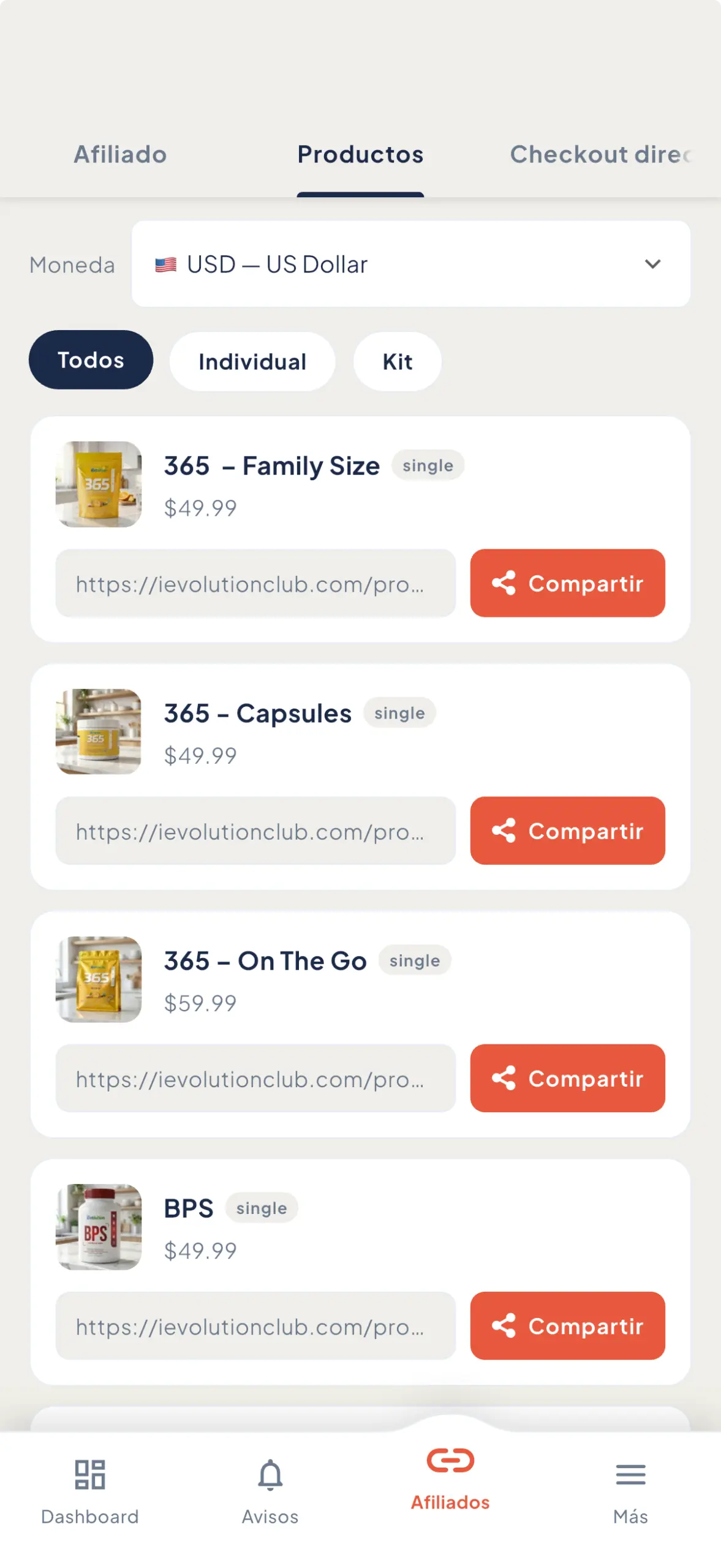 Affiliate tab listing each product with its own share link and Compartir button