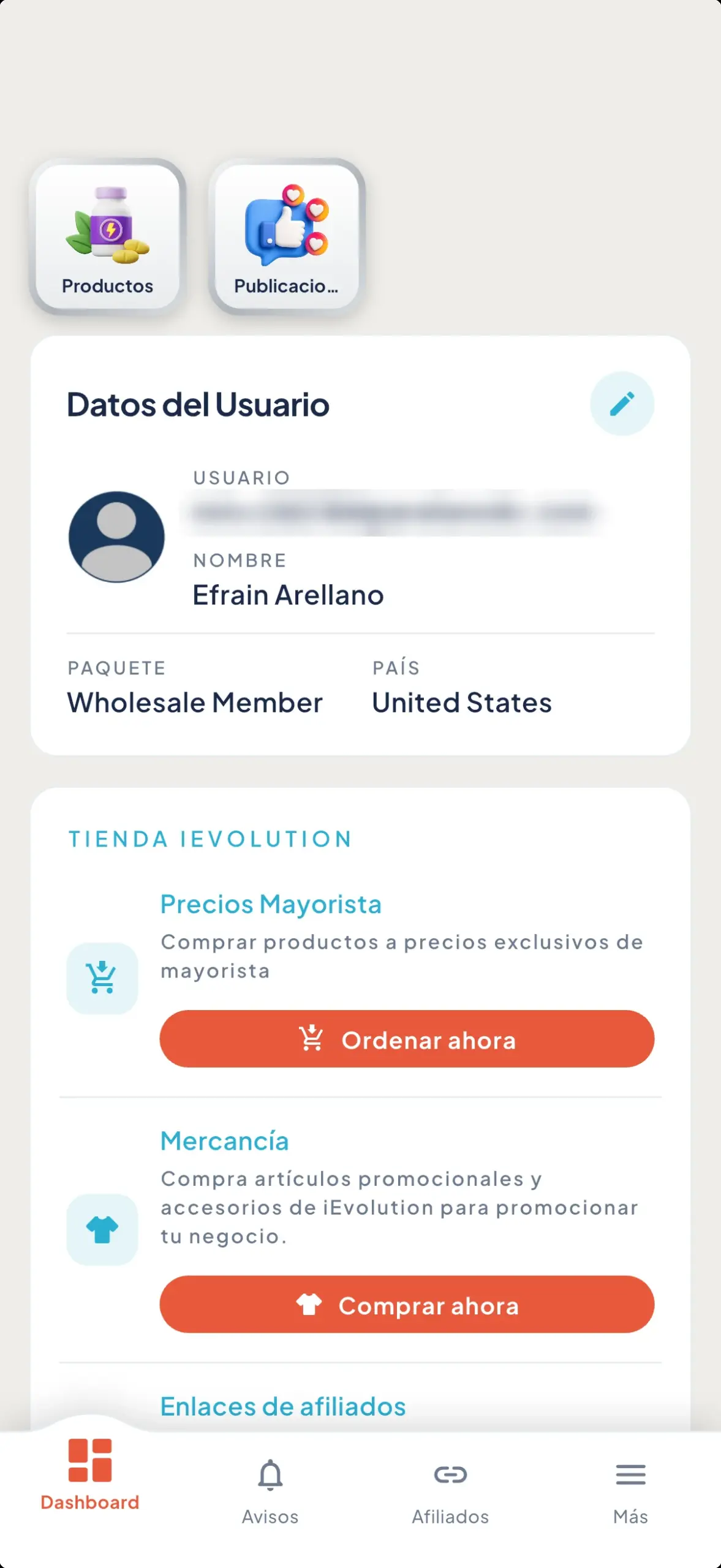my iEvolution dashboard showing a Wholesale Member account and the member store