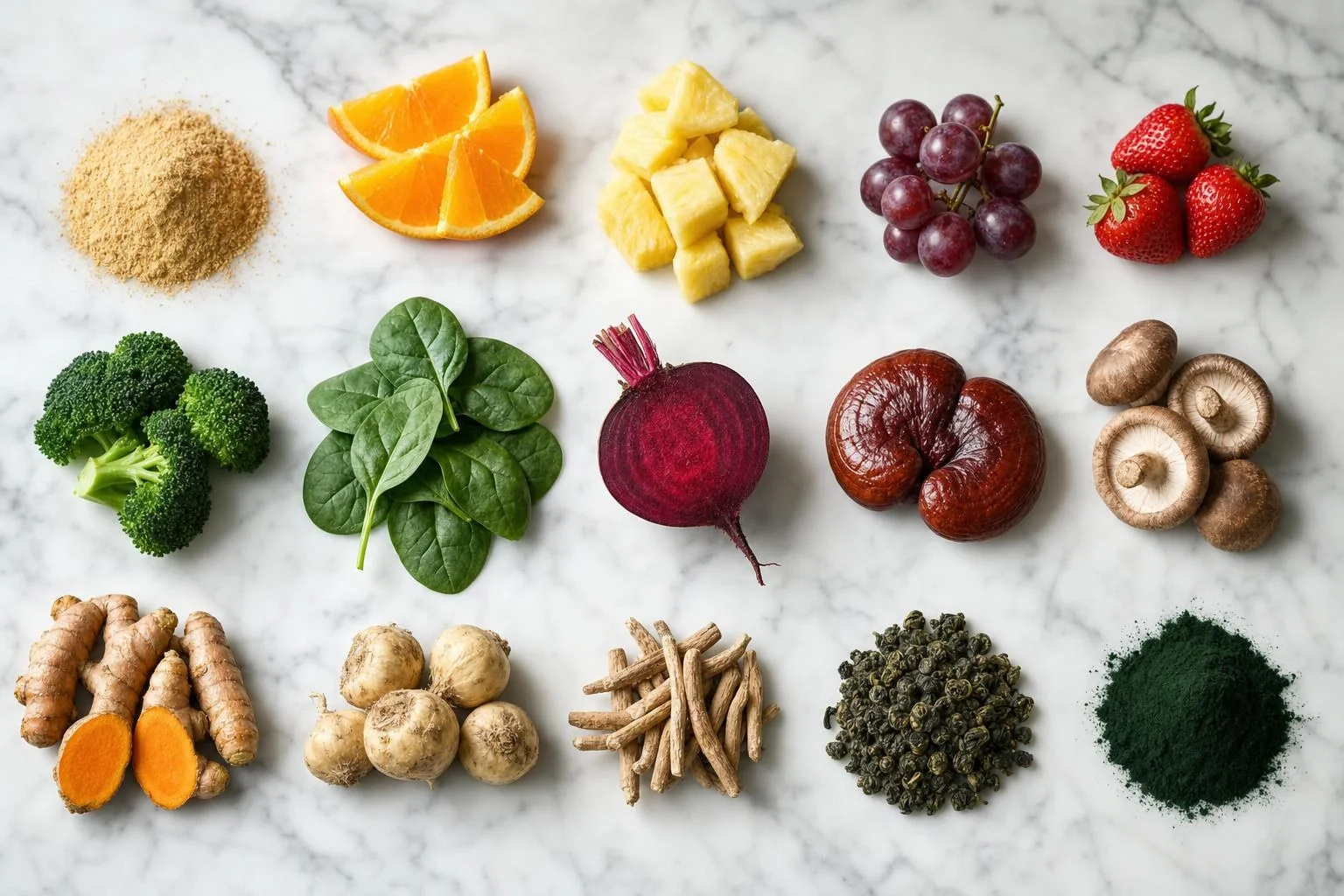 Ingredients from the 365 – Family Size formula on white marble: orange, pineapple, grapes, strawberries, broccoli, spinach, beet, reishi and shiitake mushrooms, turmeric, maca, ashwagandha root, green tea and chlorella