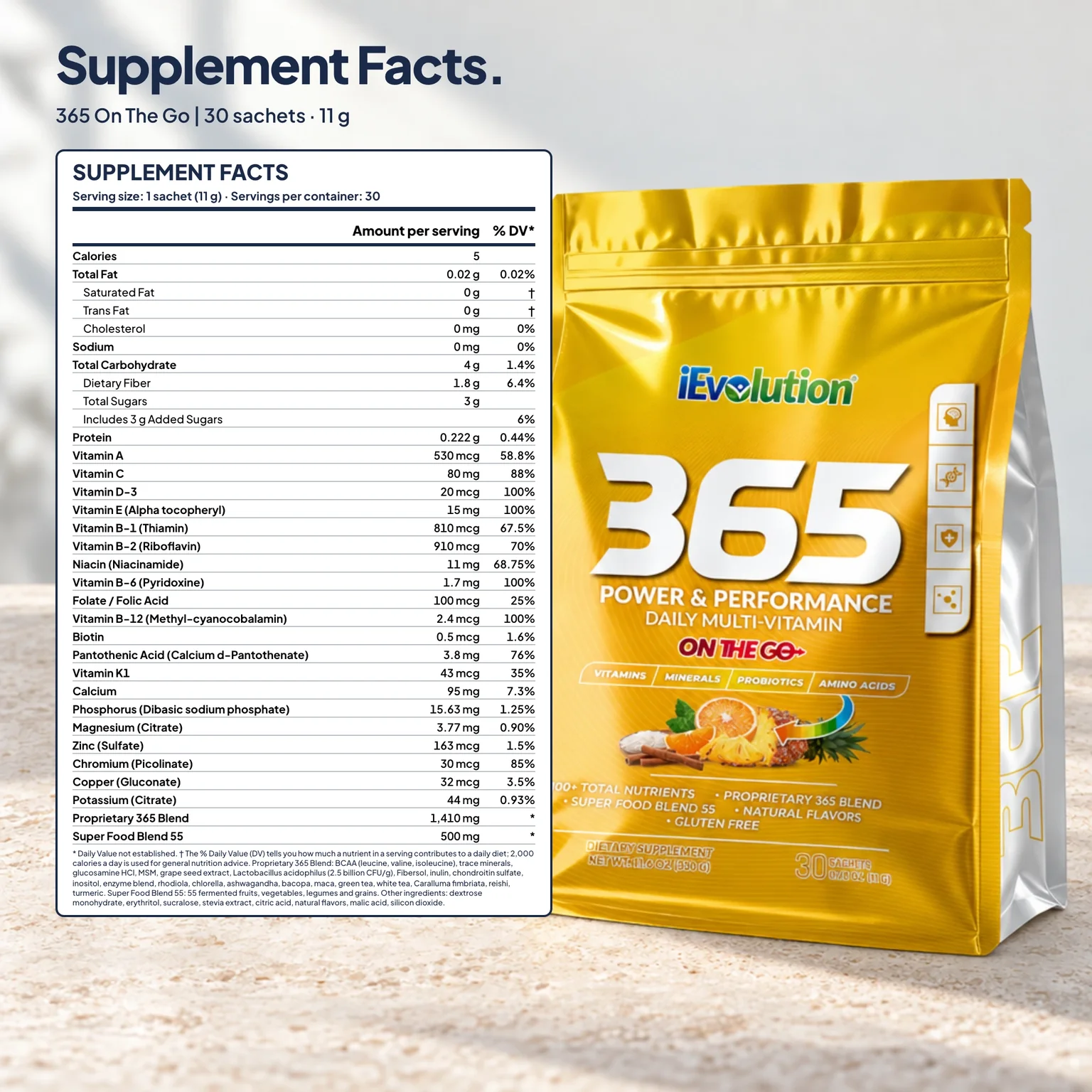 365 – On The Go supplement facts label