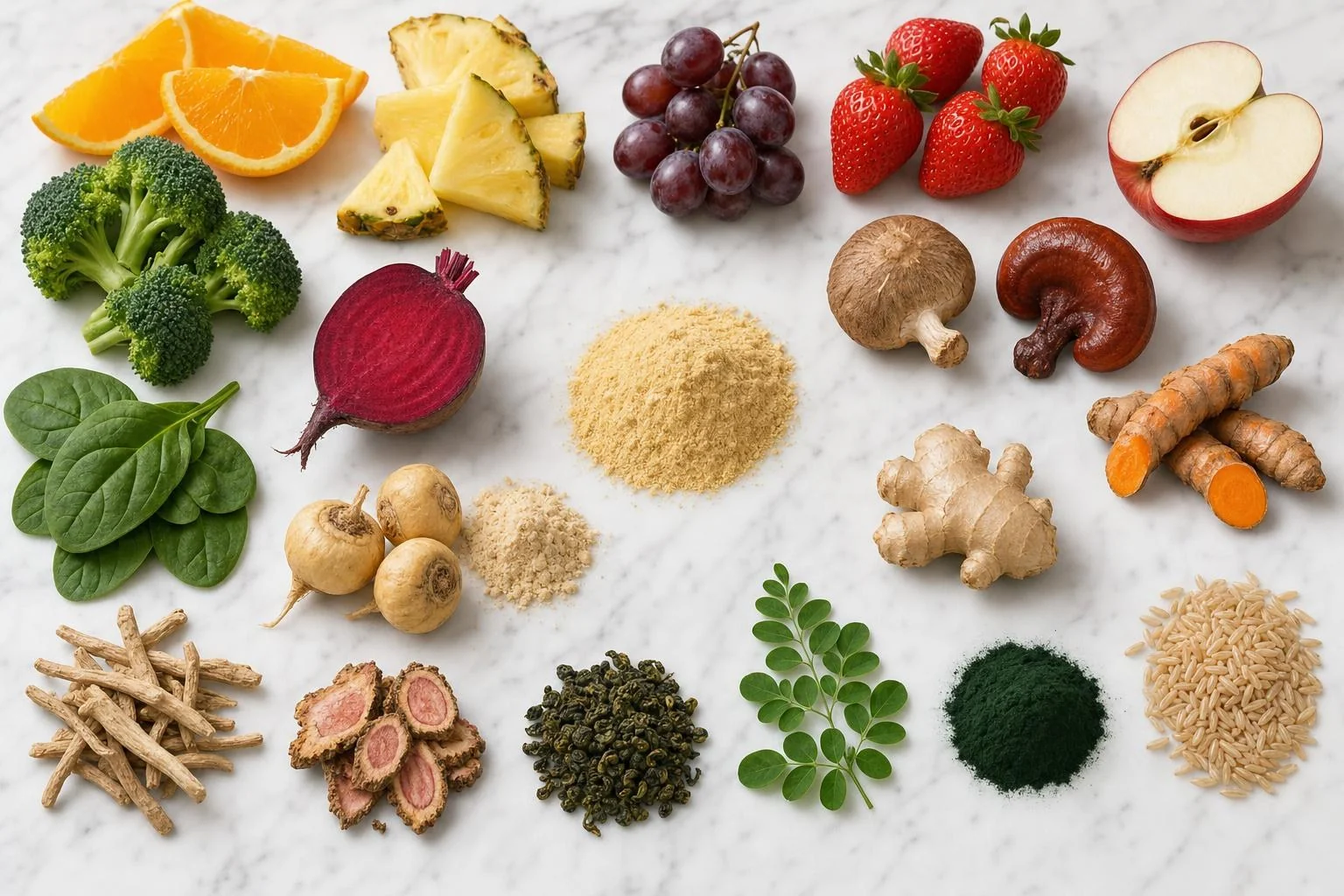 365 – On The Go ingredients on marble: golden multivitamin powder, orange, pineapple, grapes, strawberries, apple, broccoli, spinach, beet, shiitake, reishi, turmeric, maca, ashwagandha, rhodiola, ginger, green tea, moringa leaf, chlorella powder and brown rice
