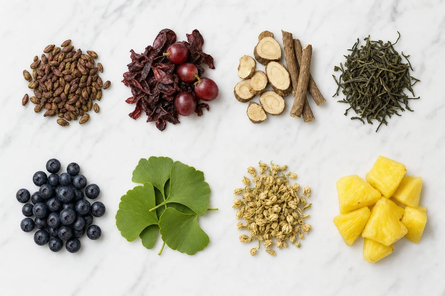 The botanicals in BPS: grape seeds, red grape skins, Polygonum cuspidatum (Japanese knotweed) root, green tea leaves, bilberries, ginkgo leaves, Sophora japonica buds and pineapple (the source of bromelain) on white marble