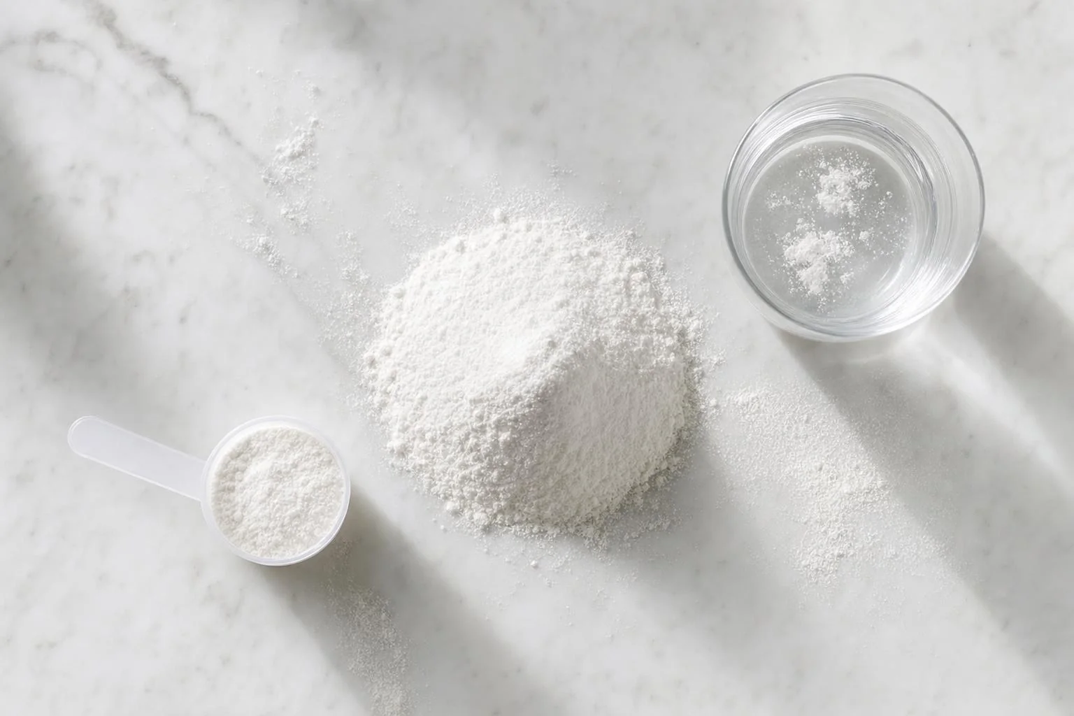 Ultra-fine micronized creatine monohydrate powder in a mound, a scoop and a glass of water on white marble