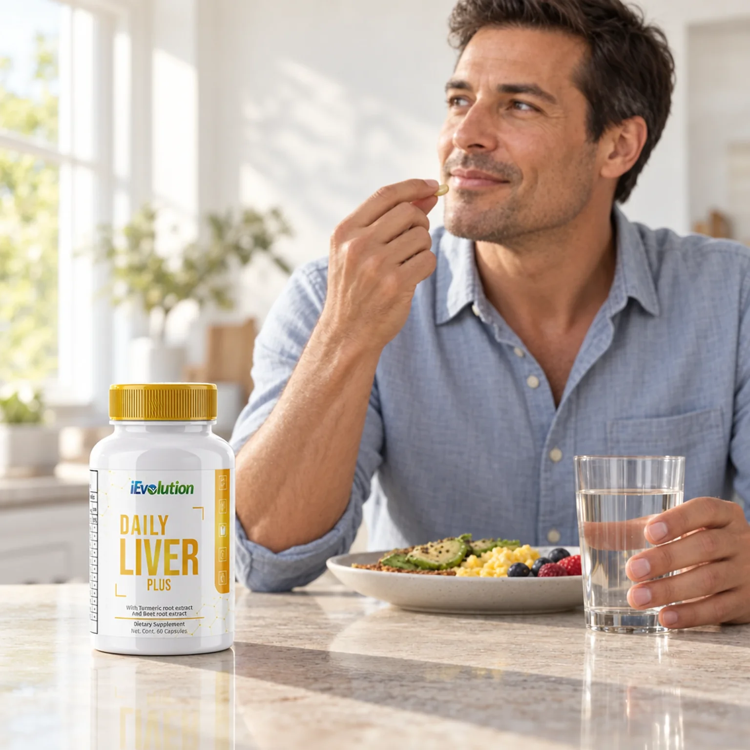 A man takes a Daily Liver Plus capsule after a meal, with the bottle and a glass of water on the kitchen counter