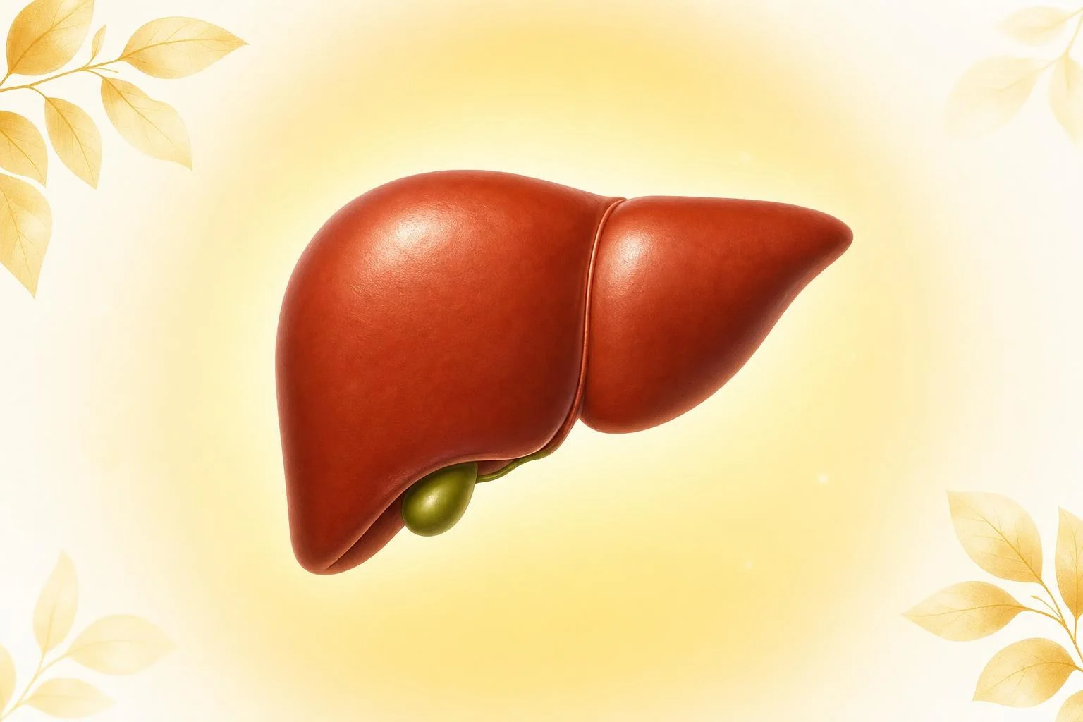Daily Liver Plus illustration: a healthy human liver and gallbladder on a golden background with decorative leaves