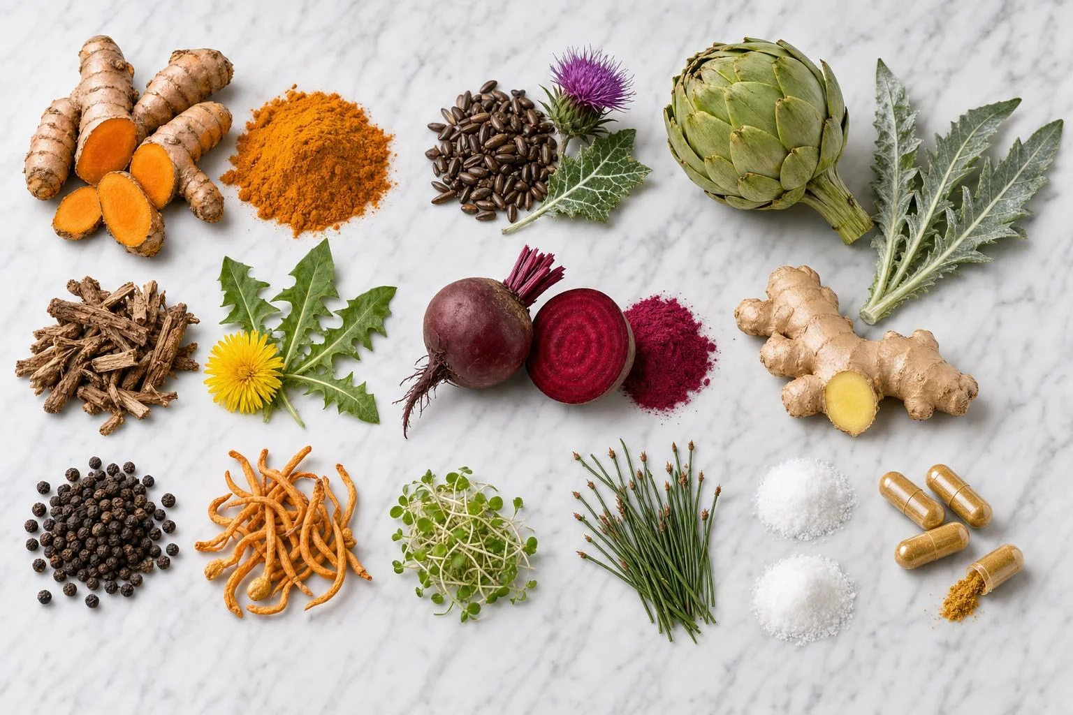 Daily Liver Plus ingredients on marble: turmeric root, milk thistle, artichoke, dandelion root, beet, ginger, cordyceps and capsules