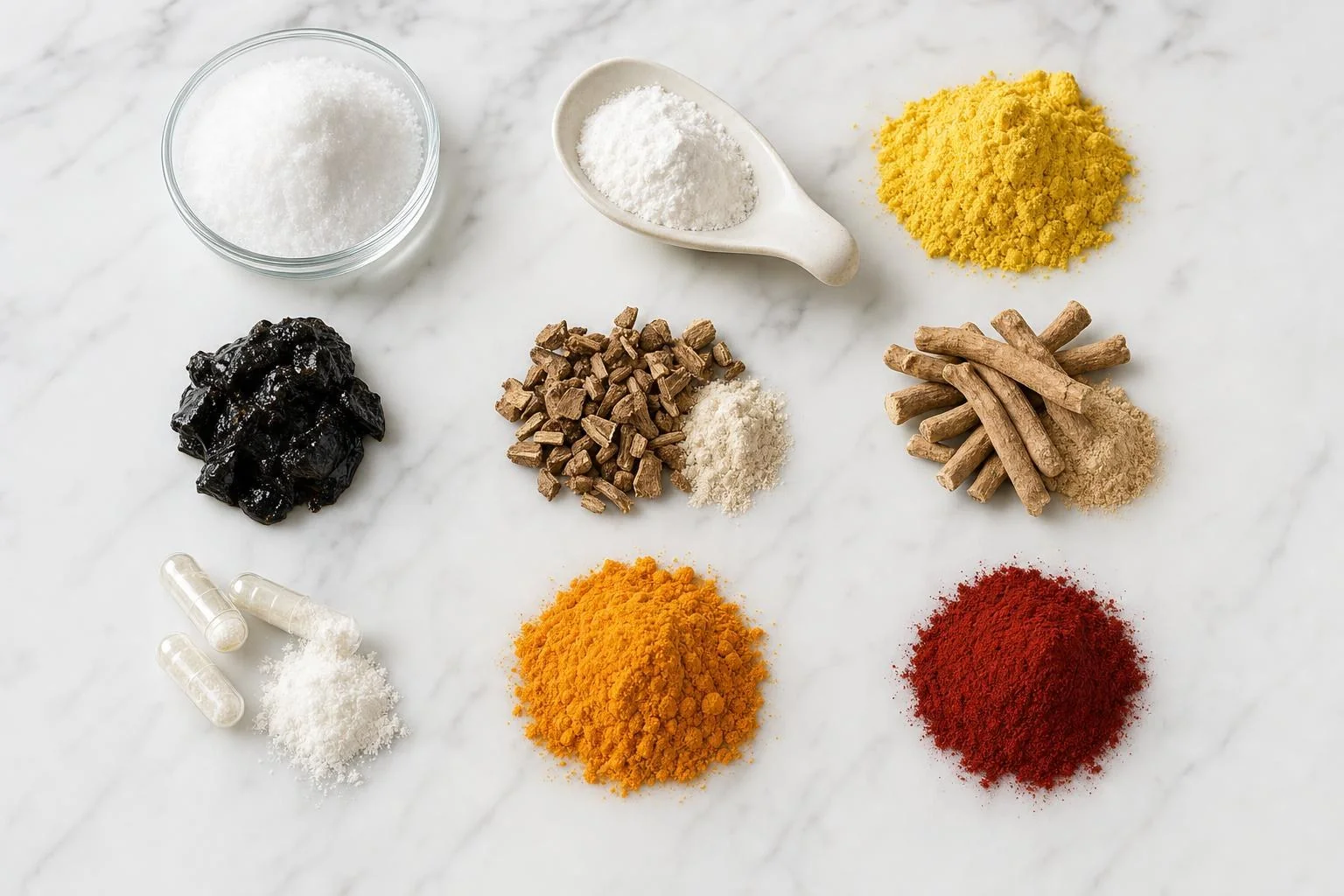 The nine ingredients in NAD+: nicotinamide riboside, glutathione, quercetin, shilajit, resveratrol from giant knotweed, ashwagandha, NAD, CoQ10 and astaxanthin on white marble