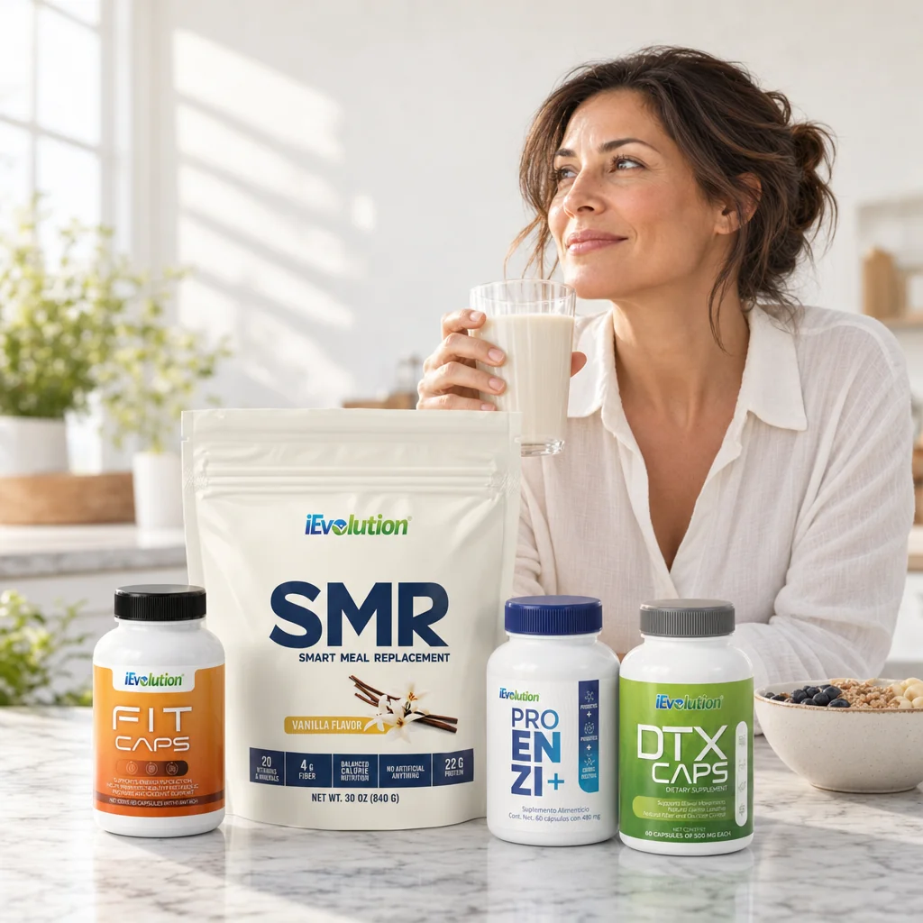 Woman with a vanilla SMR shake and the four Nutri Slim Pack products at breakfast
