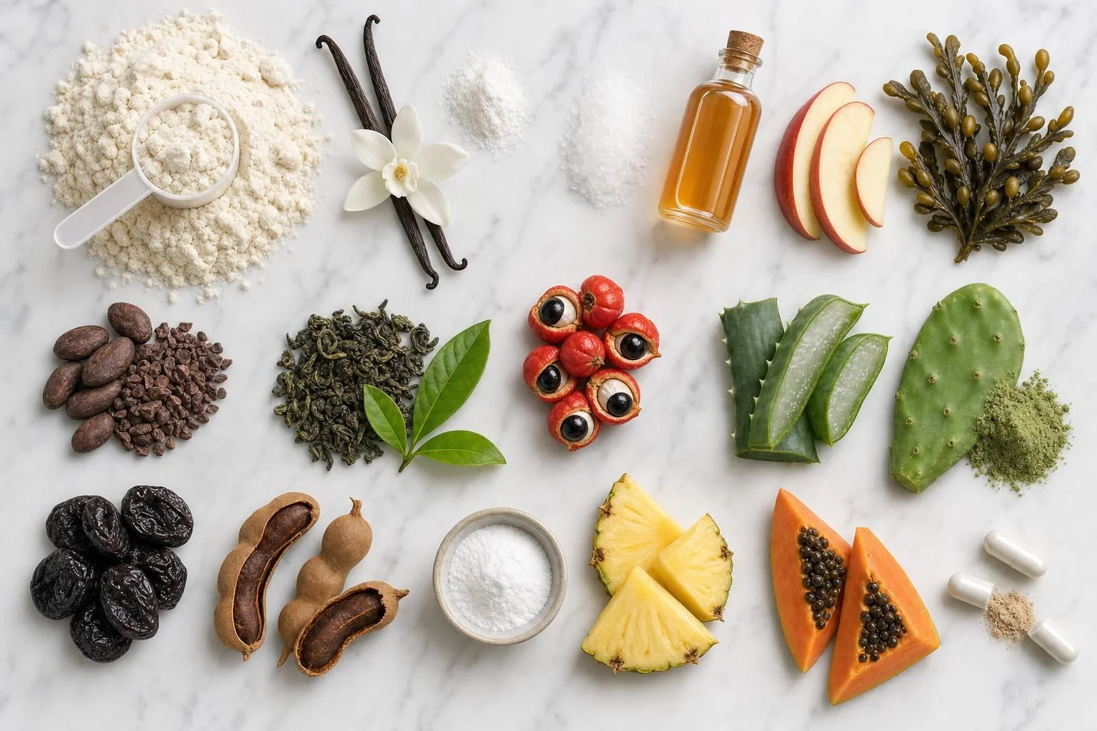 The ingredients behind Nutri Slim Pack on white marble: whey protein powder with vanilla, L-carnitine, apple cider vinegar, bladderwrack, cacao, green tea and guarana, aloe vera, nopal, prune, tamarind and magnesium citrate, pineapple, papaya and open capsules