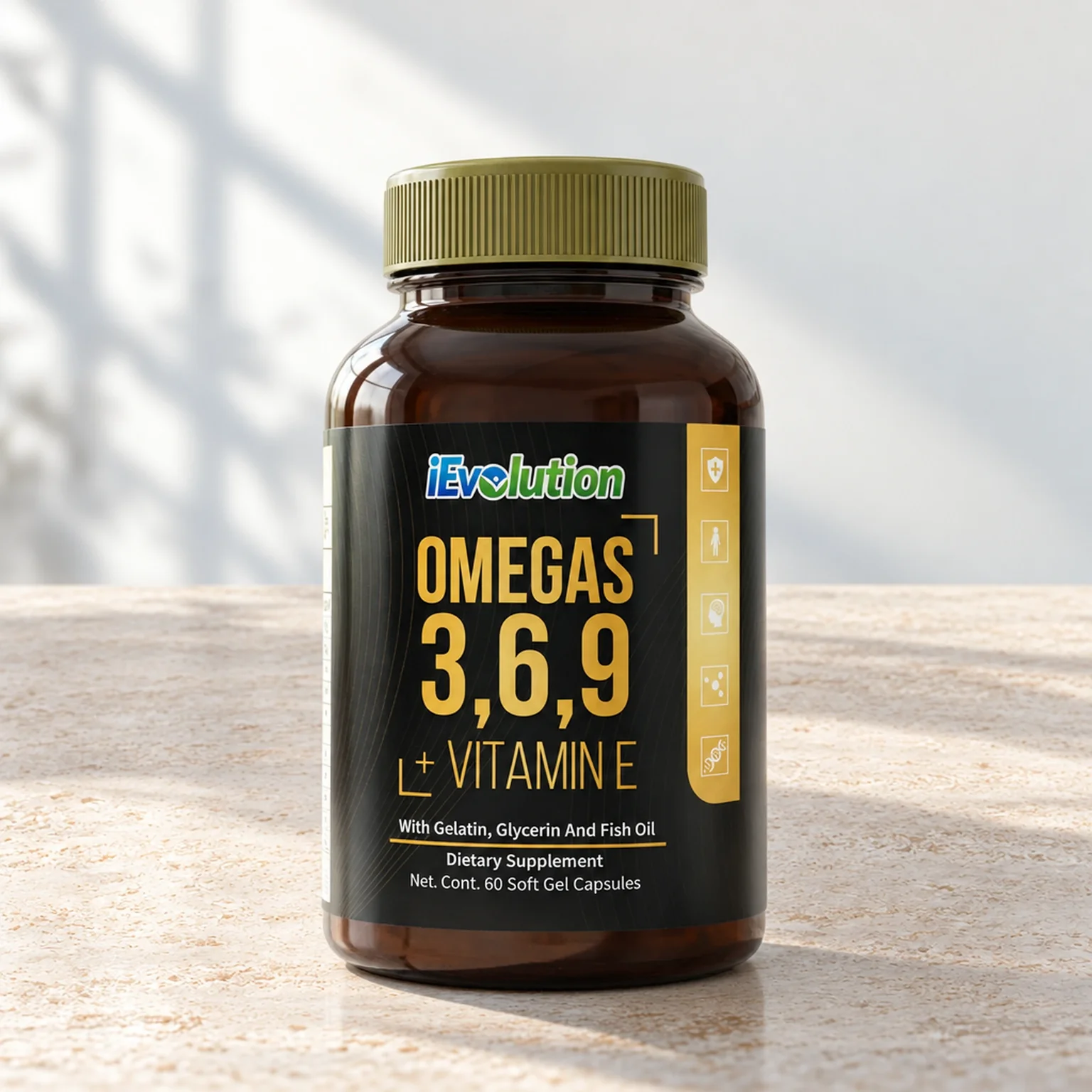 Omegas 3,6,9 + Vitamin E on a kitchen counter