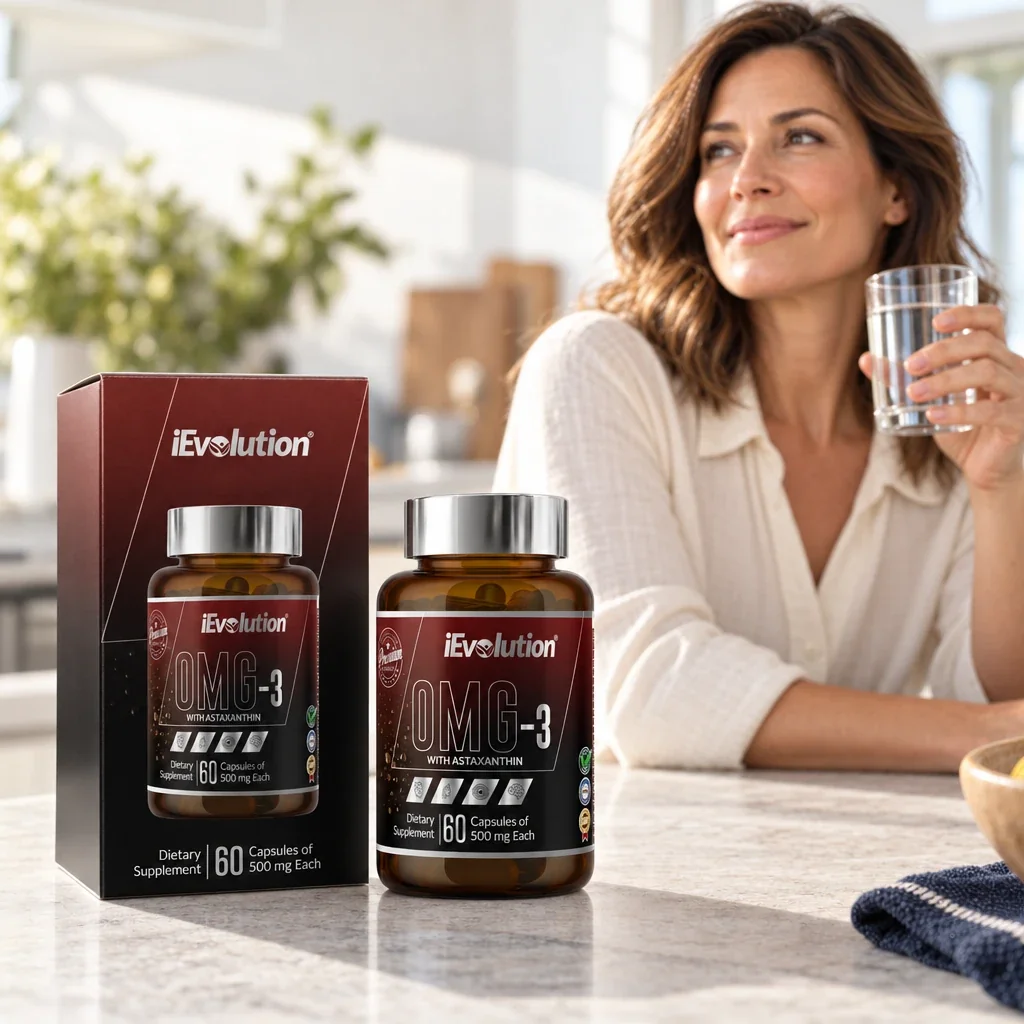 A woman with a glass of water next to a bottle and a box of OMG-3 on the kitchen counter