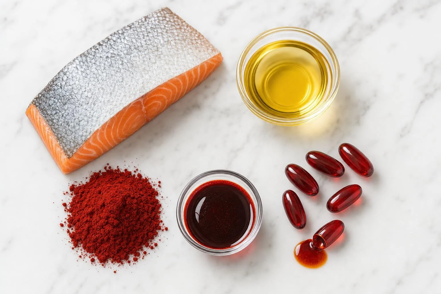 OMG-3 ingredients on white marble: oily fish fillet and golden fish oil, deep red astaxanthin powder and oleoresin, and ruby soft gel capsules