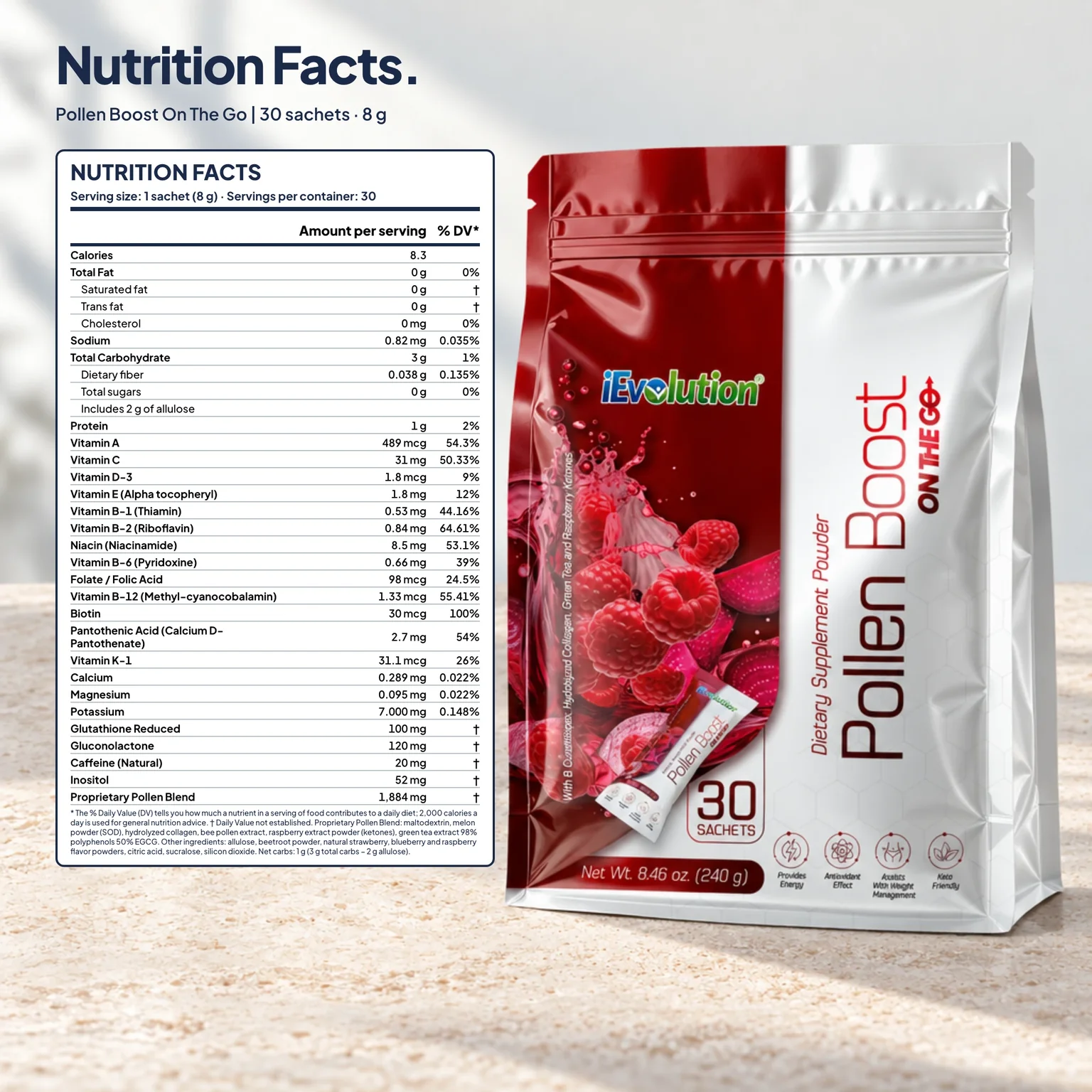 Pollen Boost On The Go supplement facts label