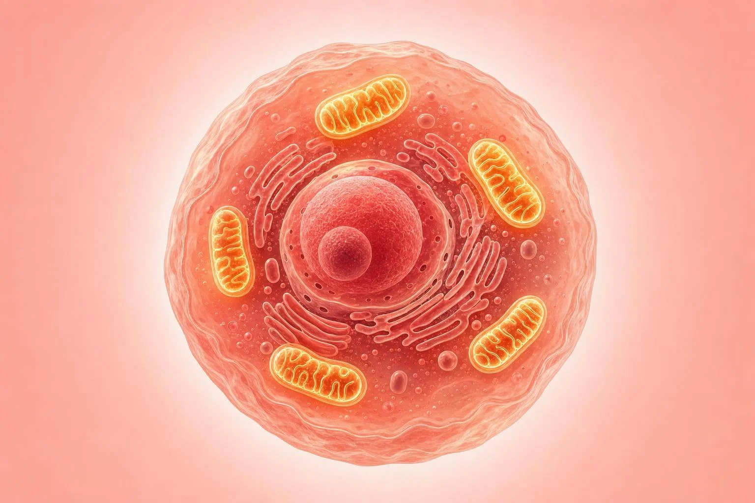 Illustration of a human cell with its mitochondria producing energy