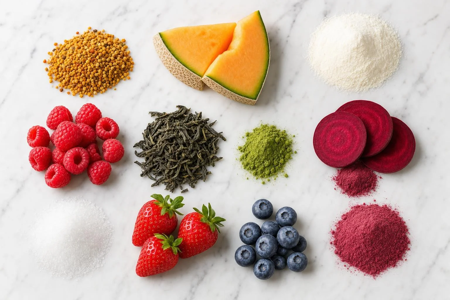 Ingredients of Pollen Boost On The Go on white marble: bee pollen granules, cantaloupe melon, hydrolyzed collagen powder, raspberries, green tea leaves, beetroot, allulose crystals, strawberries and blueberries