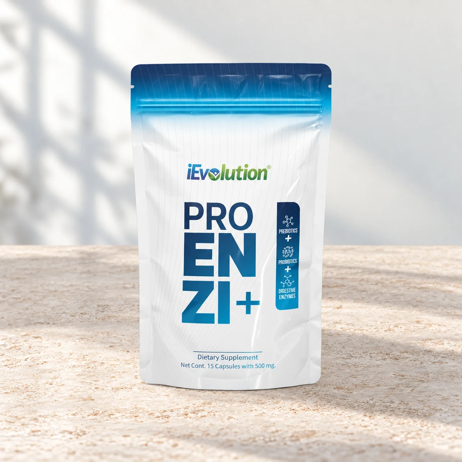 PROENZI+ Bag, resealable pouch of 15 capsules, on a kitchen counter