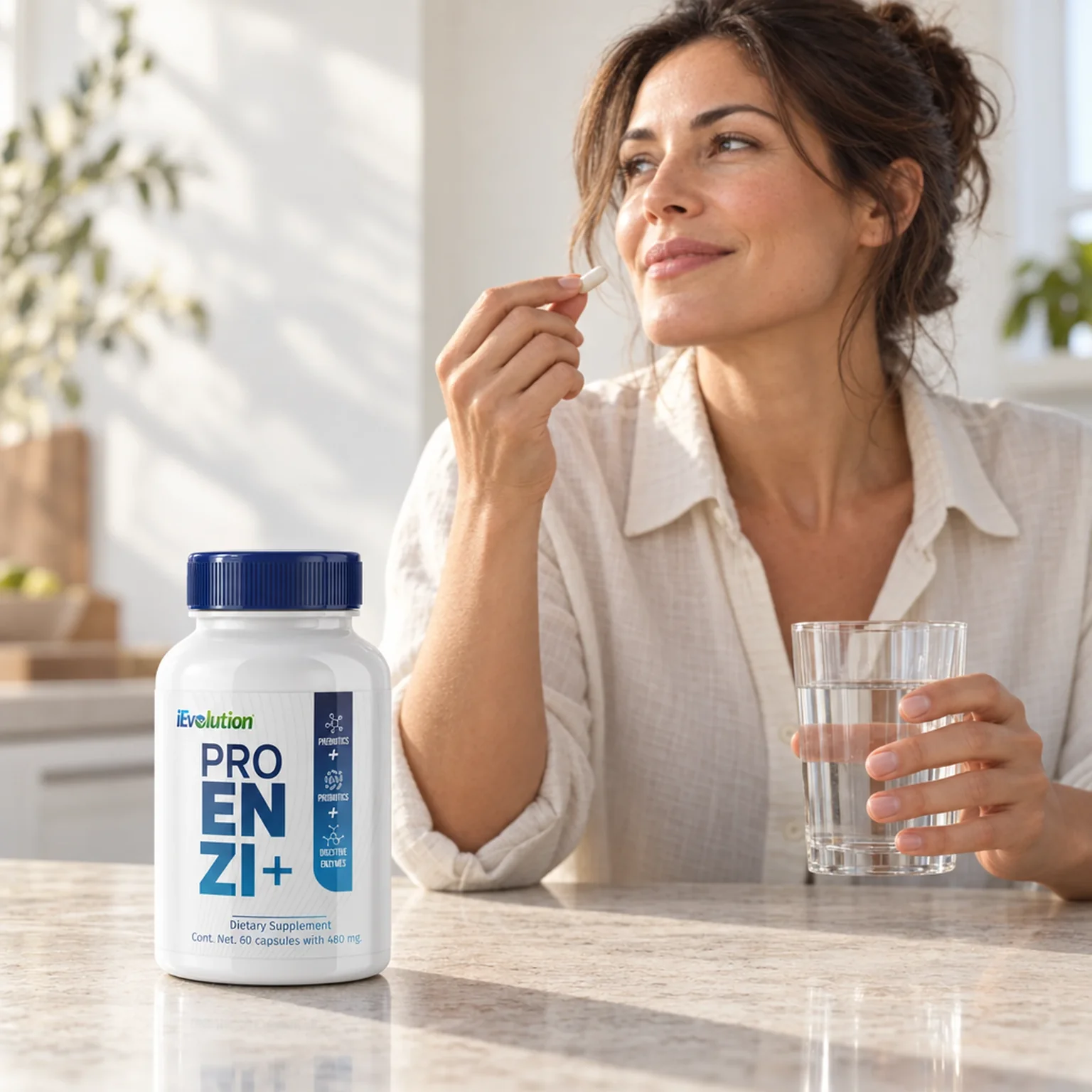 A woman taking a Proenzi+ capsule with a glass of water at the kitchen counter