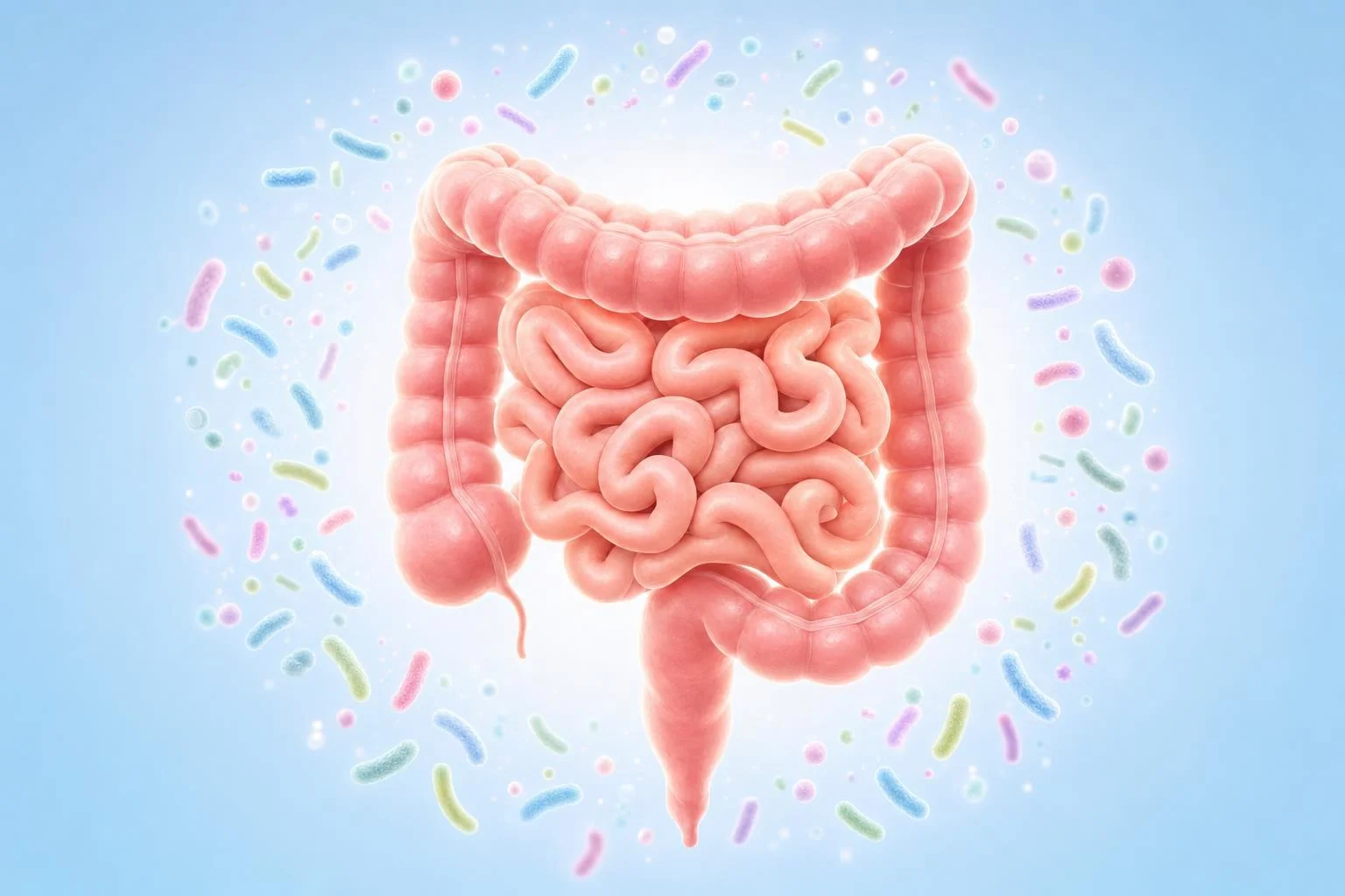 Illustration of the human intestine surrounded by its microbiota