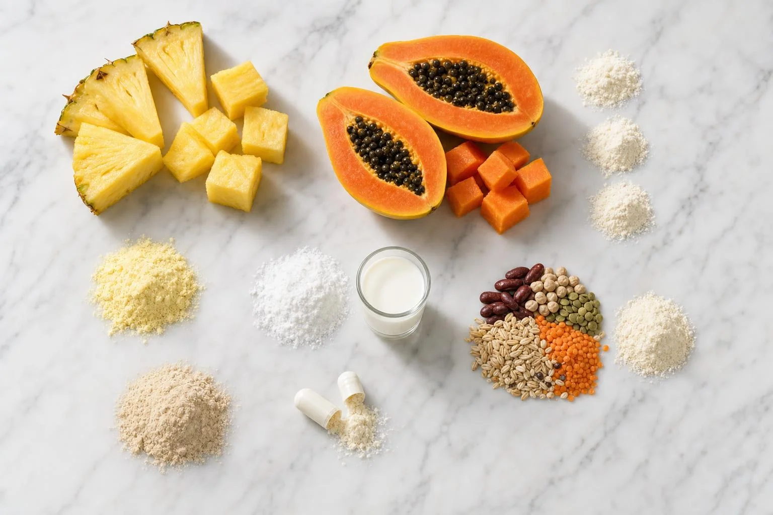 The ingredients behind PROENZI+: pineapple for bromelain, papaya for papain, probiotic and enzyme powders and open capsules on white marble