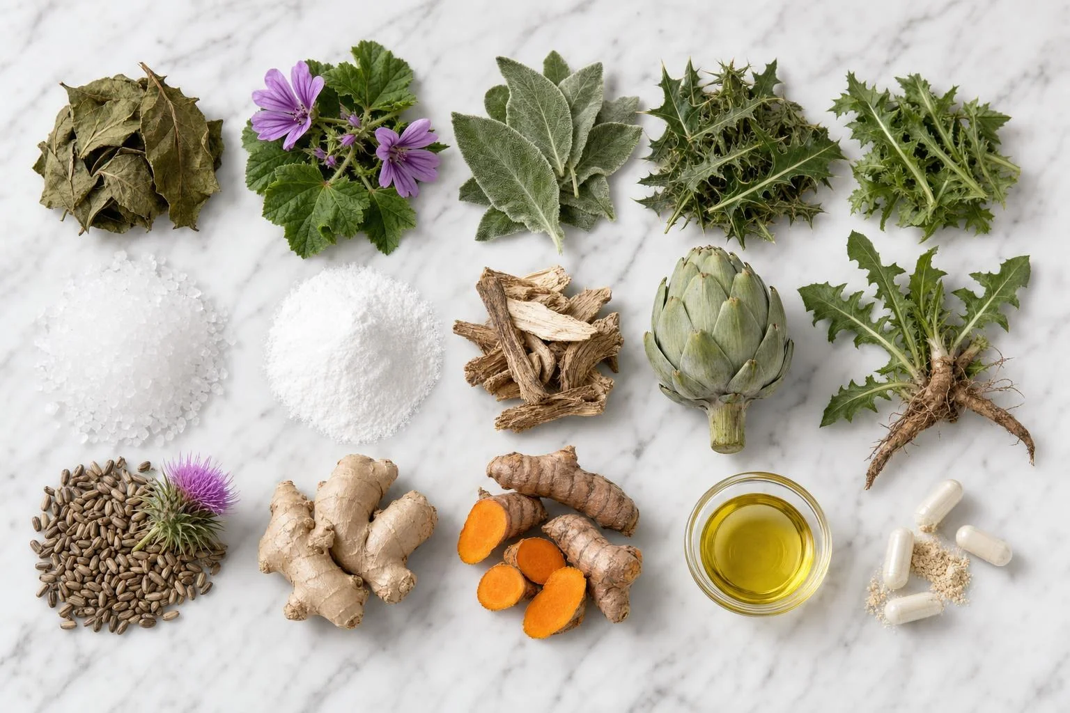 The real ingredients of the 21-Day Detox on white marble: persimmon, mallow, marshmallow and thistle leaves, Epsom salt, vitamin C powder, yucca root, artichoke, dandelion, milk thistle, ginger, turmeric, olive oil and open probiotic capsules