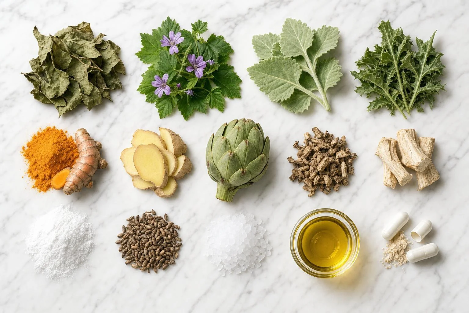 The 7-Day Detox ingredients on white marble: dried persimmon, mallow, marshmallow and thistle leaves, turmeric, ginger, artichoke, dandelion root, yucca root, milk thistle seeds, vitamin C powder, magnesium sulfate crystals, extra virgin olive oil and open probiotic capsules