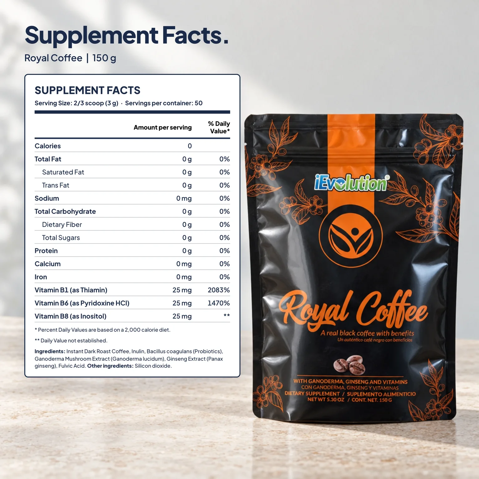 Royal Coffee Black supplement facts label