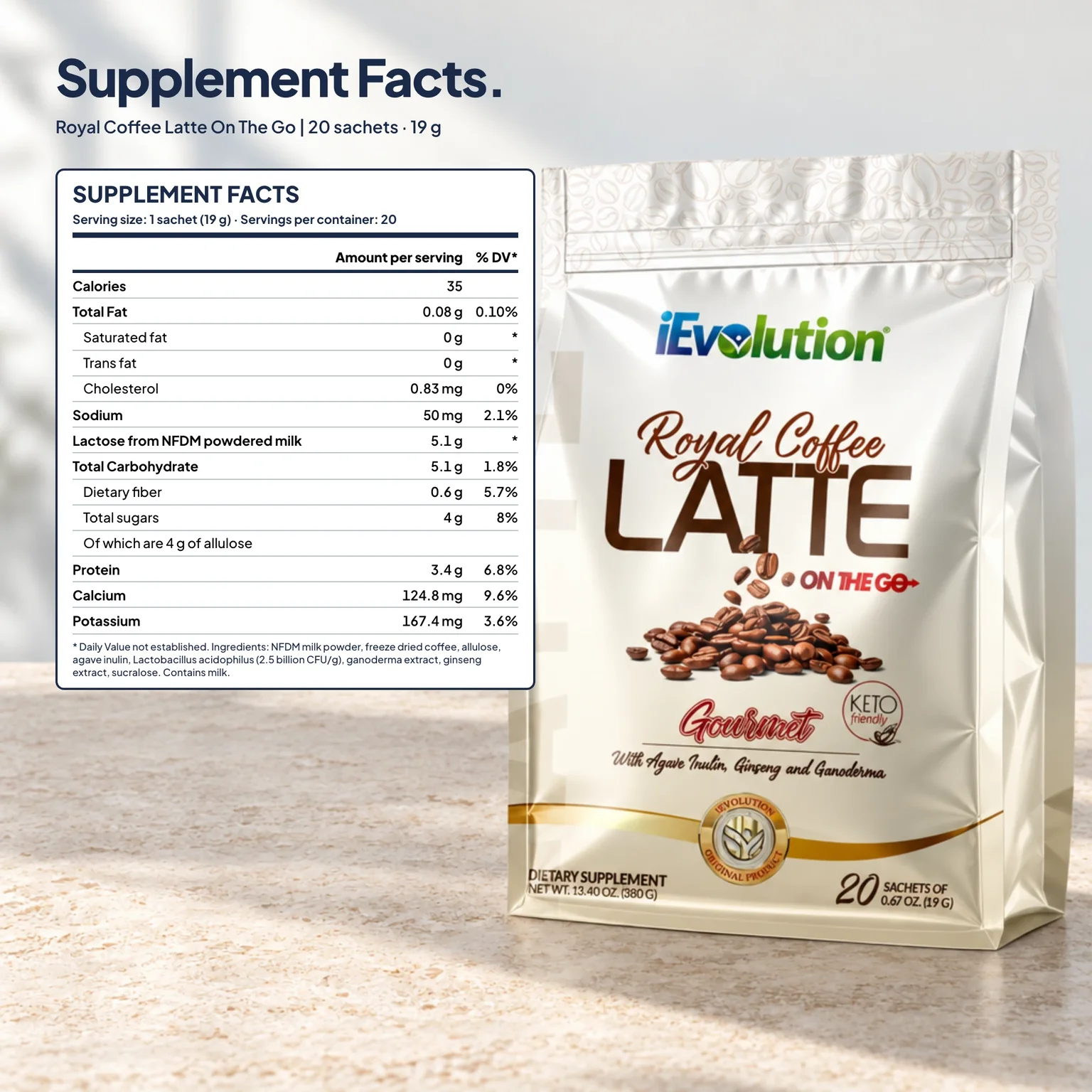 Royal Coffee Latte On The Go supplement facts label