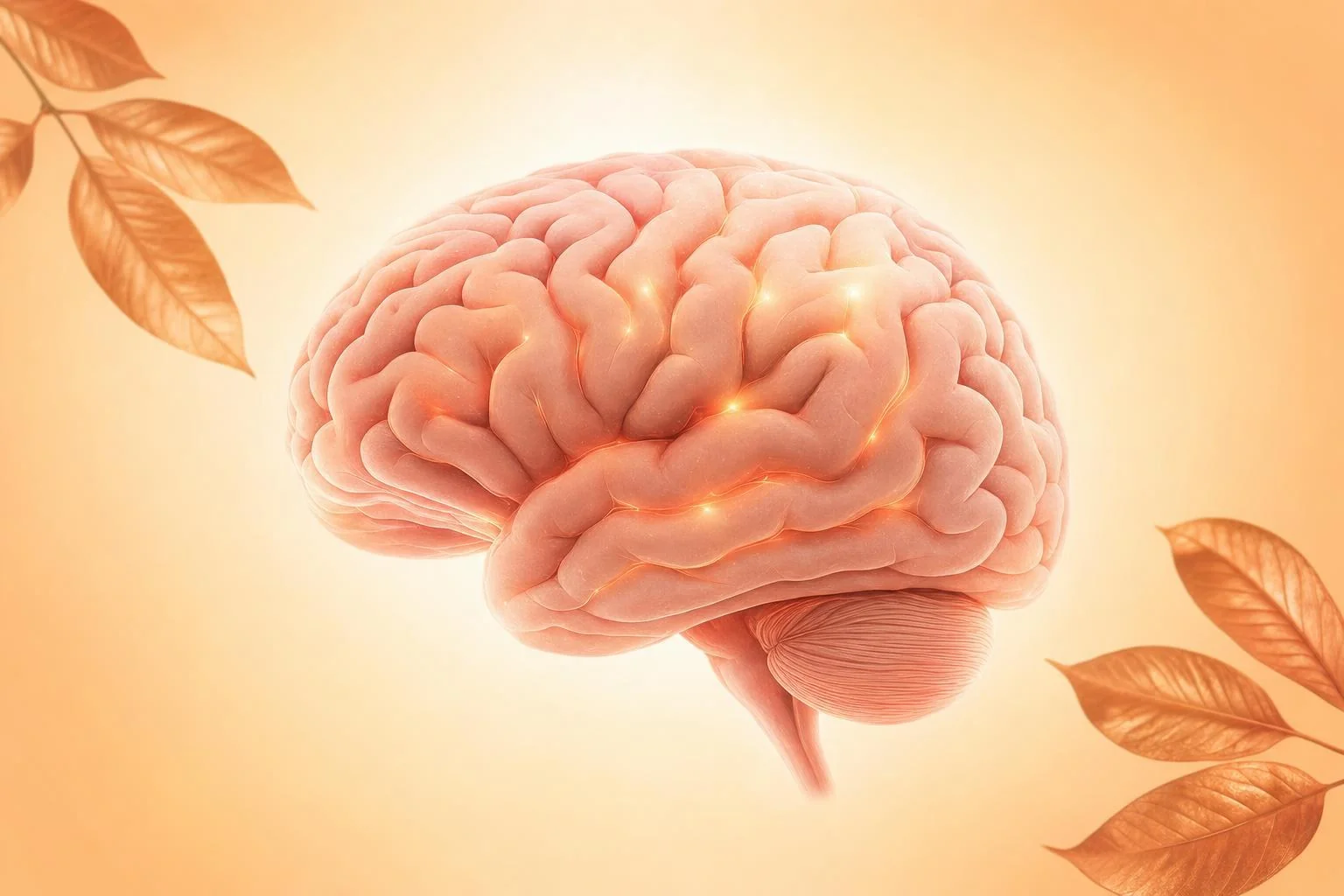 Illustration of a healthy human brain with glowing energy highlights on a soft amber background with copper coffee leaves