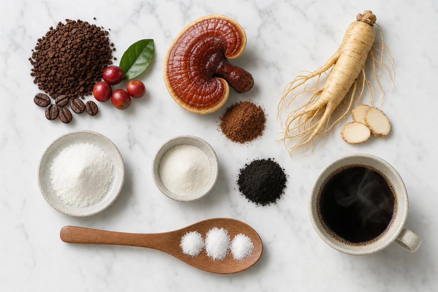 Royal Coffee Black ingredients on marble: coffee grounds and cherries, reishi mushroom, ginseng root, inulin, probiotic powder and a cup of coffee