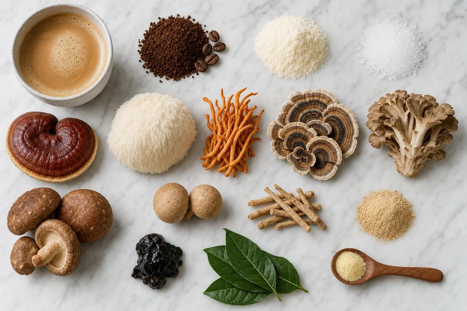 Royal Coffee Latte Caramel ingredients on white marble: a latte cup, instant coffee, dairy creamer, sweetener crystals, reishi, lion’s mane, cordyceps, turkey tail, maitake, shiitake, sun mushroom, ashwagandha root and powder, shilajit, chaya leaves and caramel flavor powder