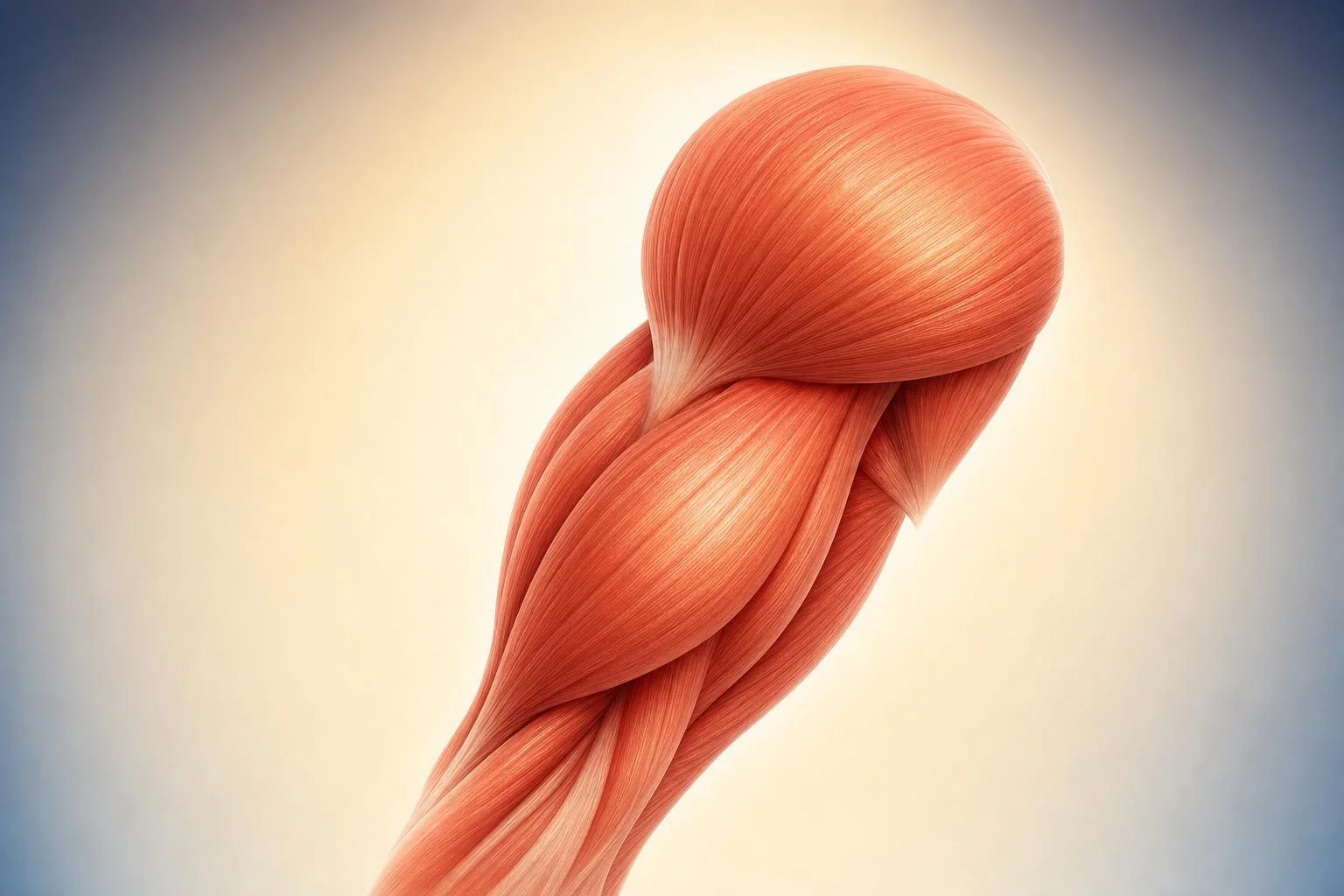 SMR illustration: anatomical view of shoulder and bicep skeletal muscle fibers in warm coral-red tones