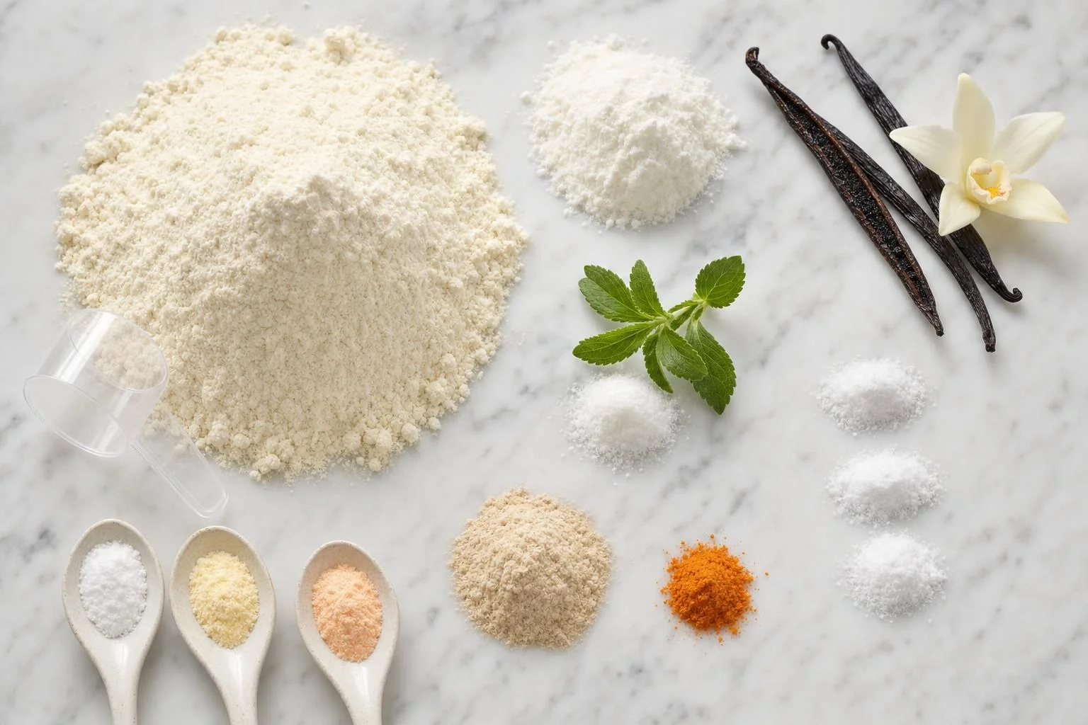 SMR ingredients on marble: whey protein isolate, non-fat dry milk, vanilla pods, stevia leaves, BCAA powders, pectin and beta-carotene