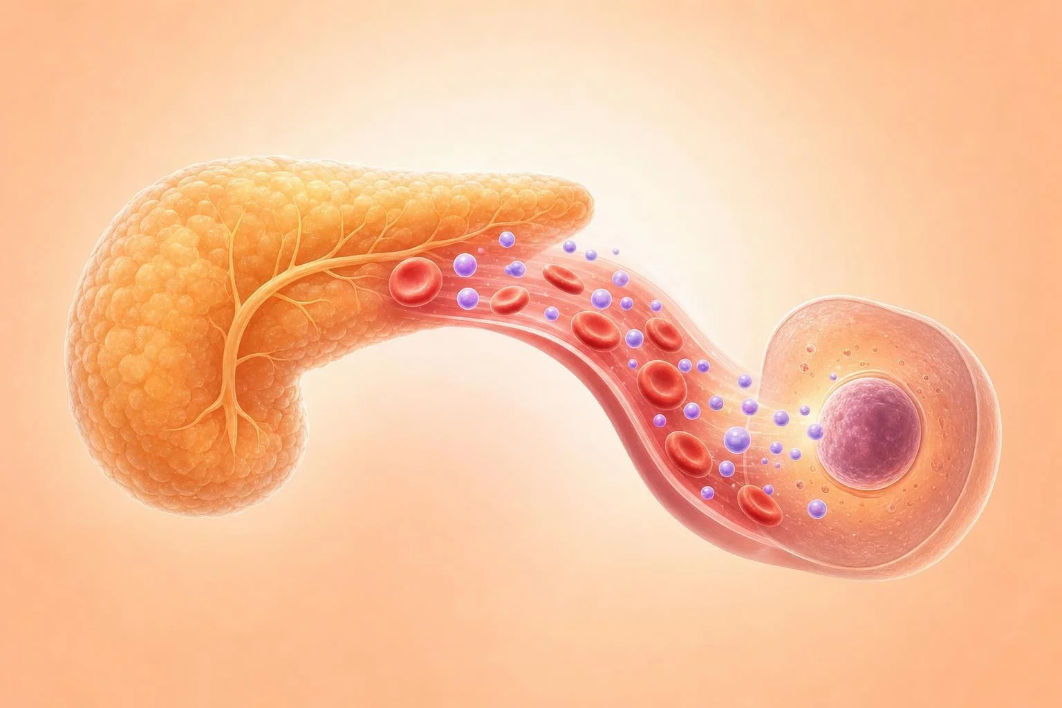 Illustration of the human pancreas with a stylized bloodstream carrying glucose to a body cell