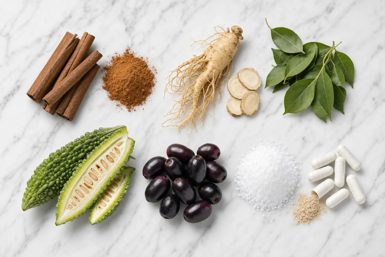 Flat lay of the SS+ ingredients on white marble: cinnamon bark and ground cinnamon, ginseng root, Gymnema leaves, bitter melon cut open, jambolan berries, L-aspartic acid powder and open capsules with chelated chromium and vanadium