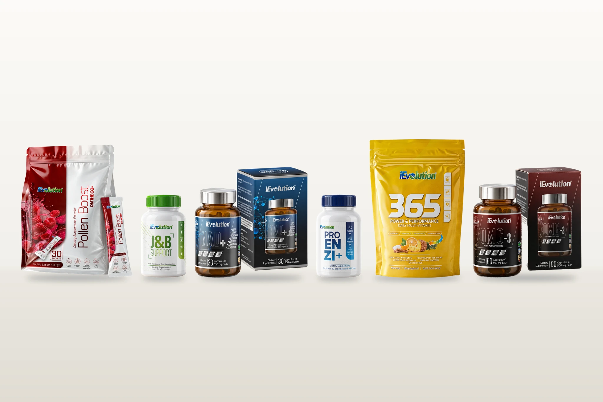 What’s in the 365 Pack Bundle: Pollen Boost On The Go, J&B Support, NAD+, Proenzi+, 365 – Family Size and OMG-3