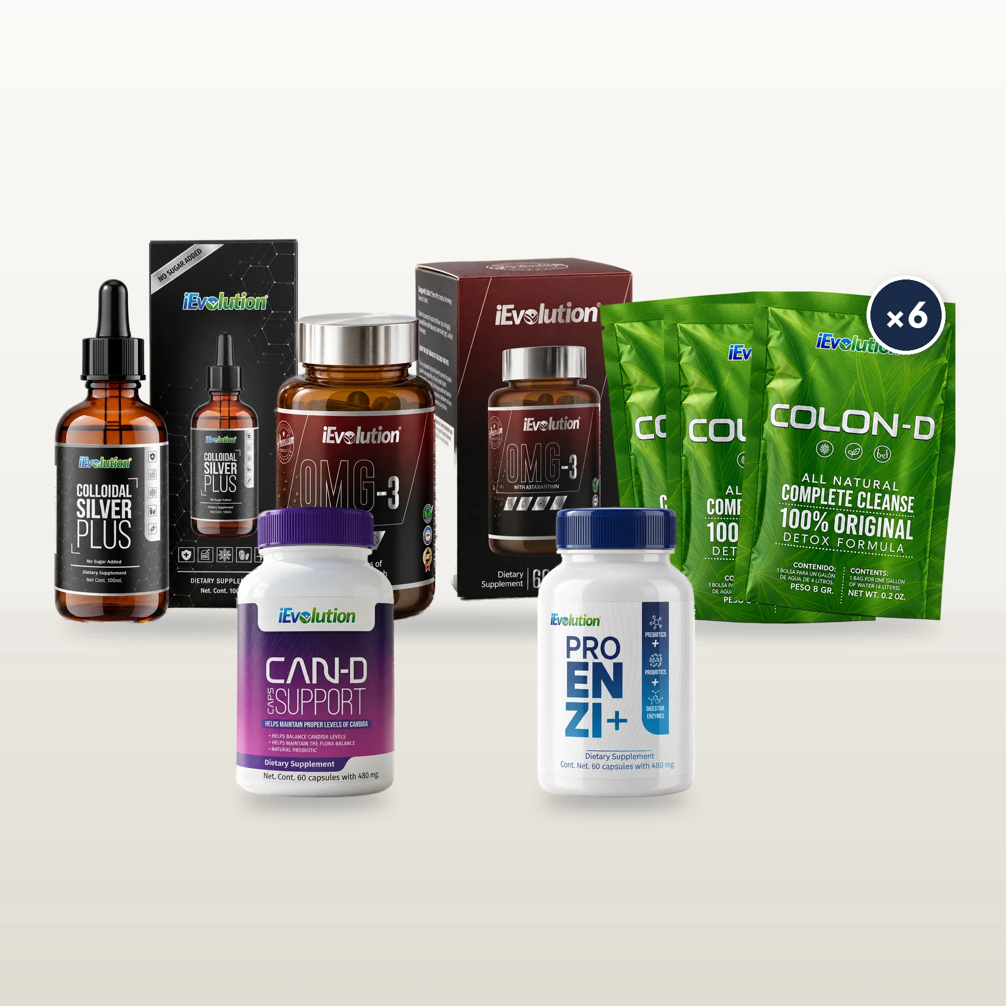 The Candida Balance Bundle together: Colloidal Silver Plus and OMG-3 with their boxes, Can-D Caps Support, Proenzi+ and Colon-D herbal tea bags marked ×6