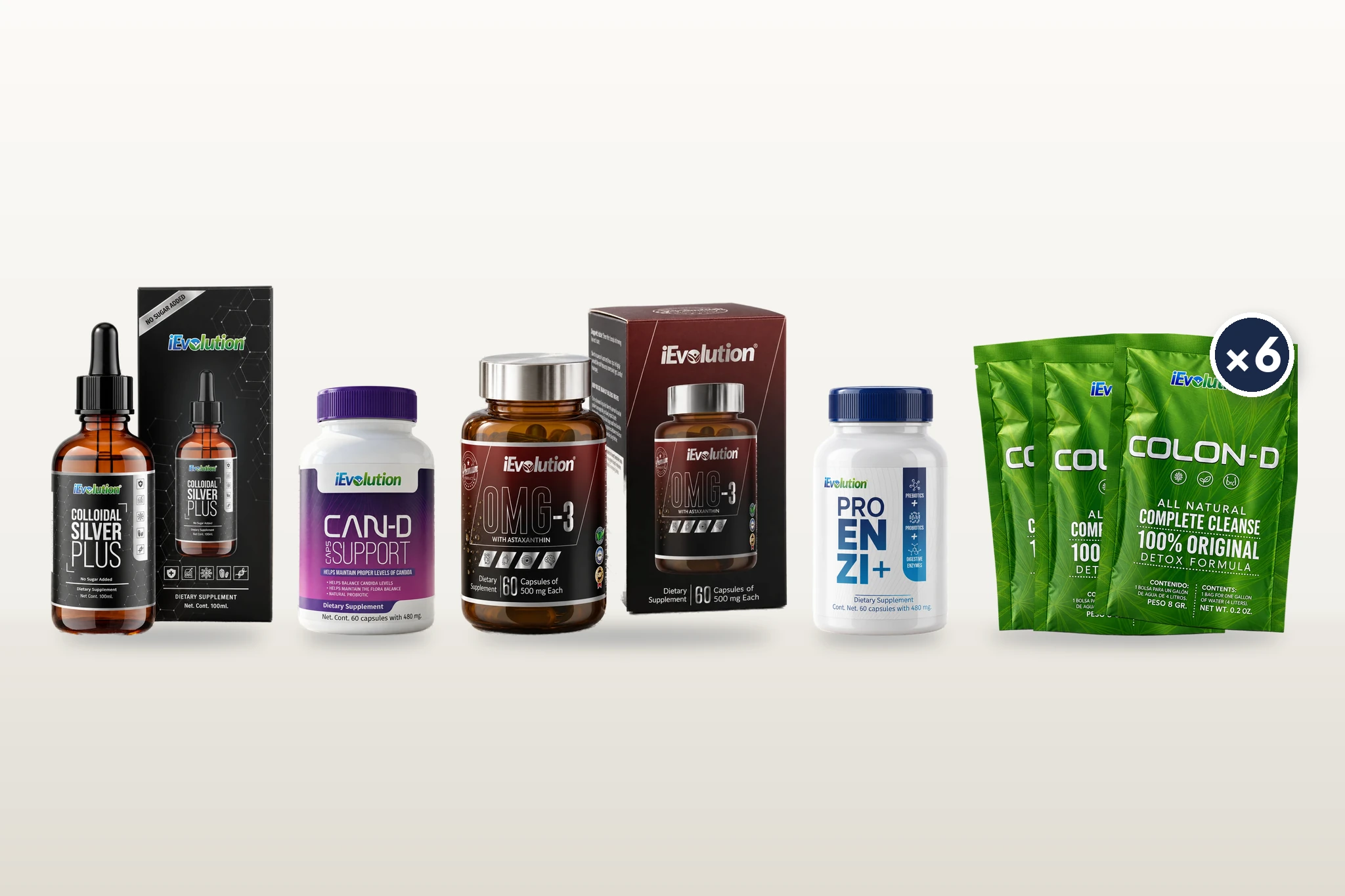 What’s in the Candida Balance Bundle, side by side: Colloidal Silver Plus, Can-D Caps Support, OMG-3, Proenzi+ and Colon-D ×6