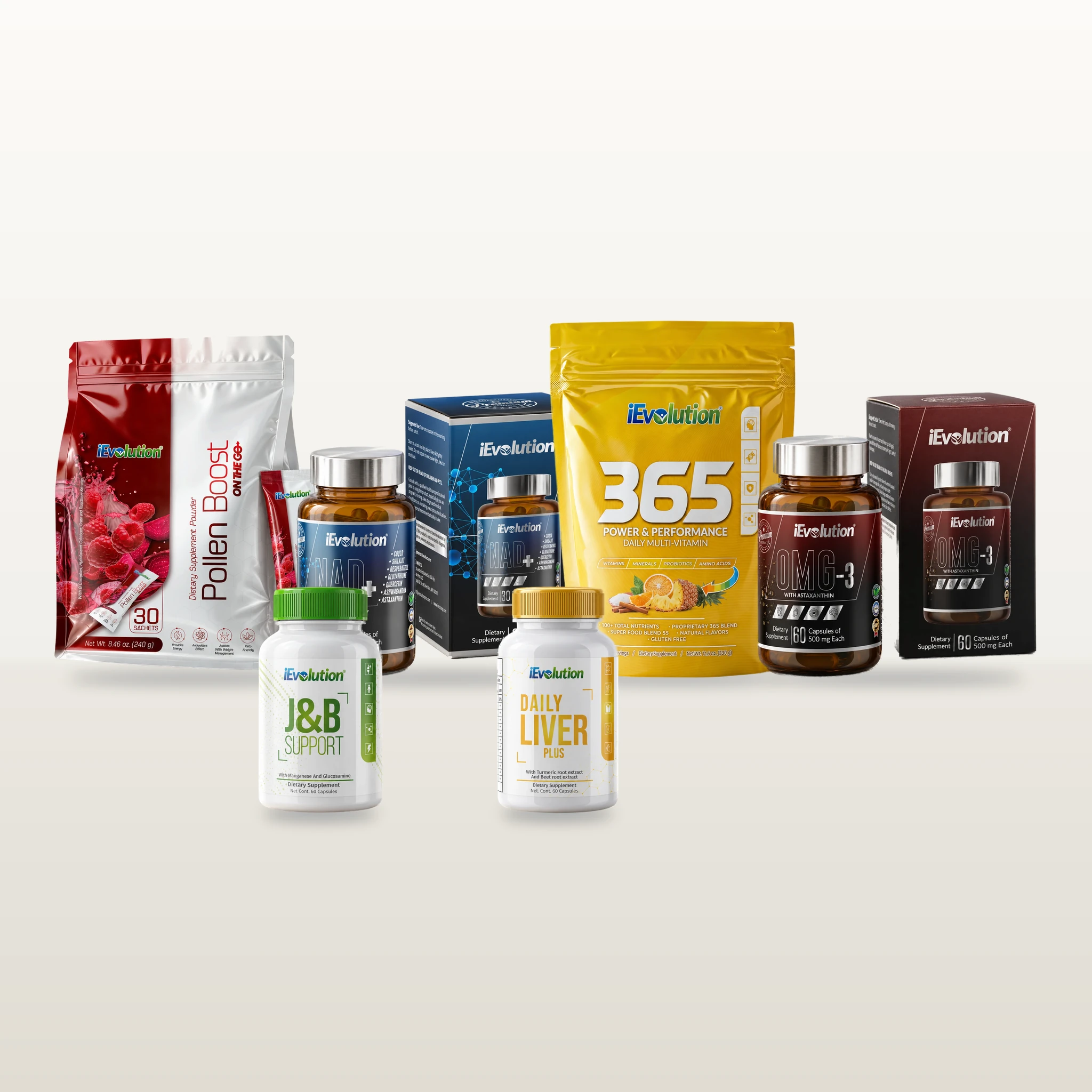 Healthy Body Kit: 365 – Family Size, Pollen Boost On The Go, OMG-3, J&B Support, Daily Liver Plus and NAD+