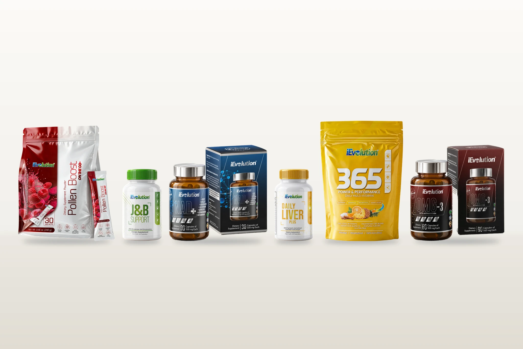 What’s in the Healthy Body Kit: Pollen Boost On The Go, J&B Support, NAD+, Daily Liver Plus, 365 – Family Size and OMG-3