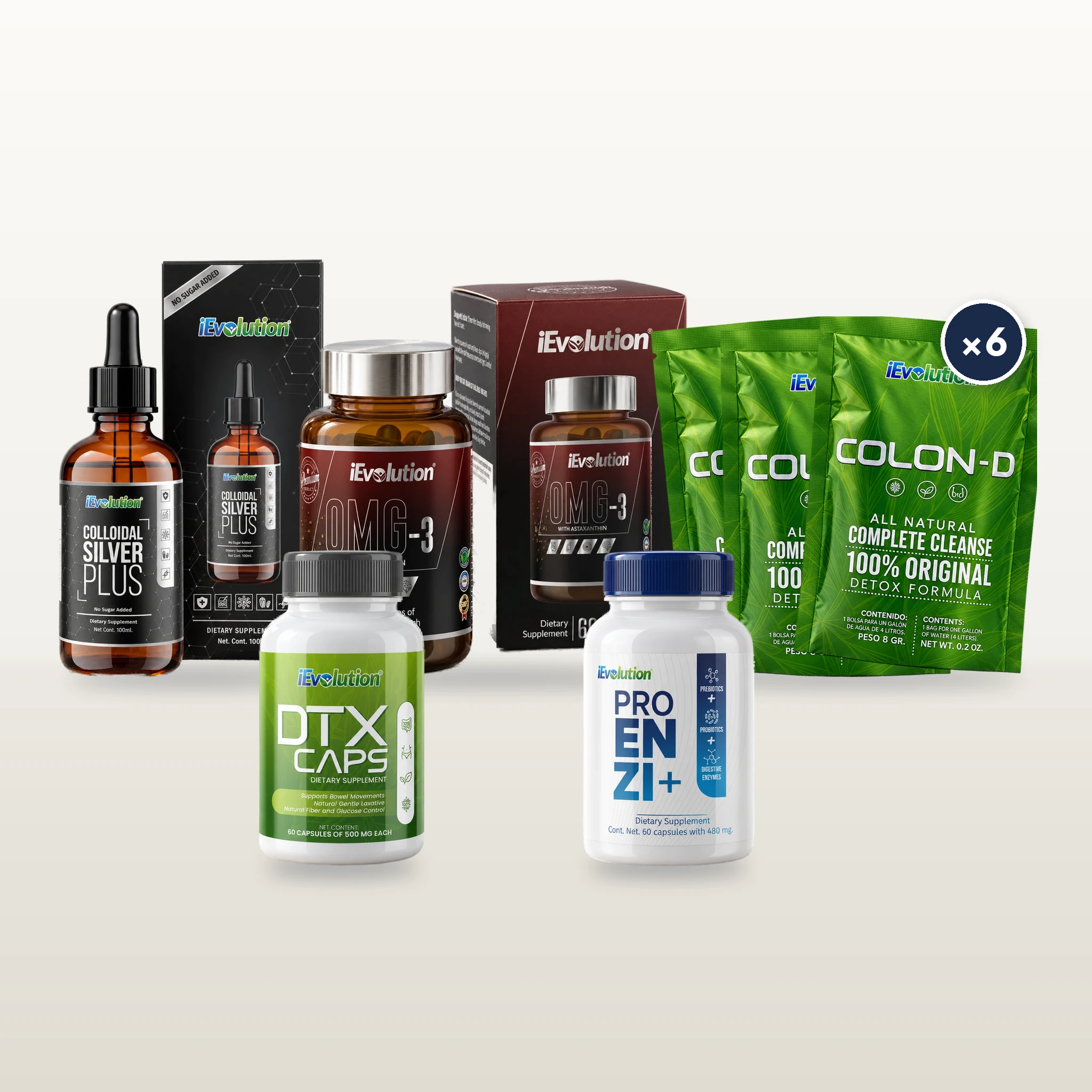 The Healthy Digestion Bundle: Colloidal Silver Plus, OMG-3, DTX Caps, Proenzi+ and six bags of Colon-D